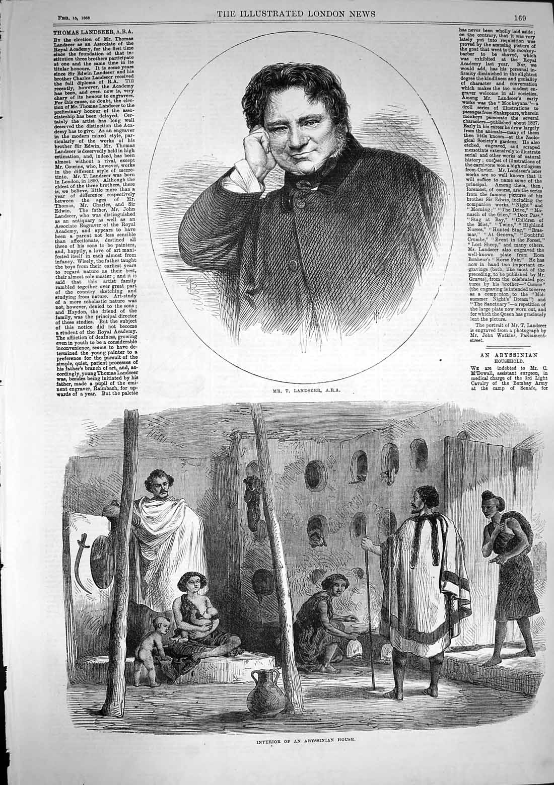 Original Old Antique Print 1868 Portrait Landseer Interior Abyssinian House