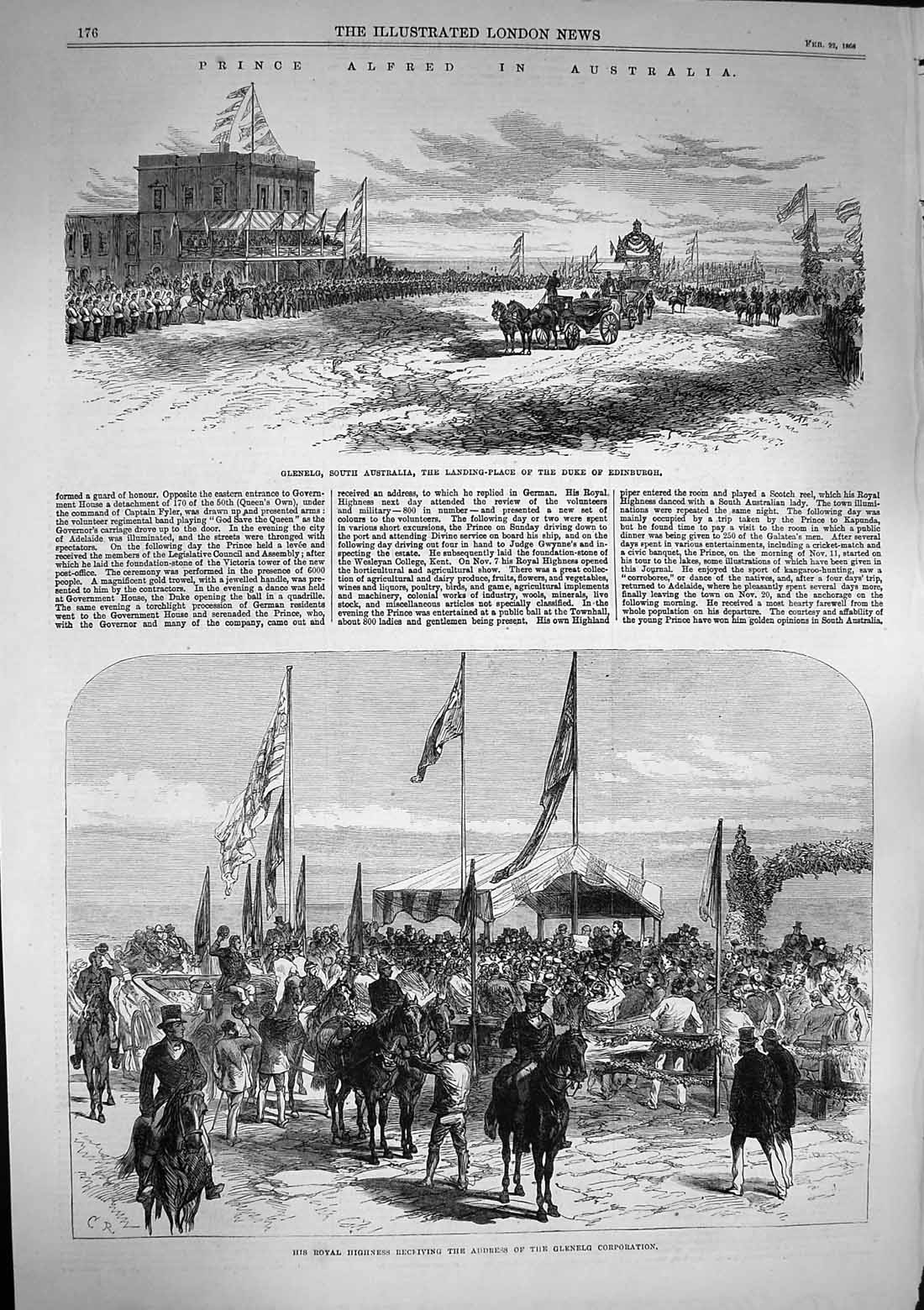 Original Old Antique Print 1868 Prince Alfred Australia Glenelg Agriculture