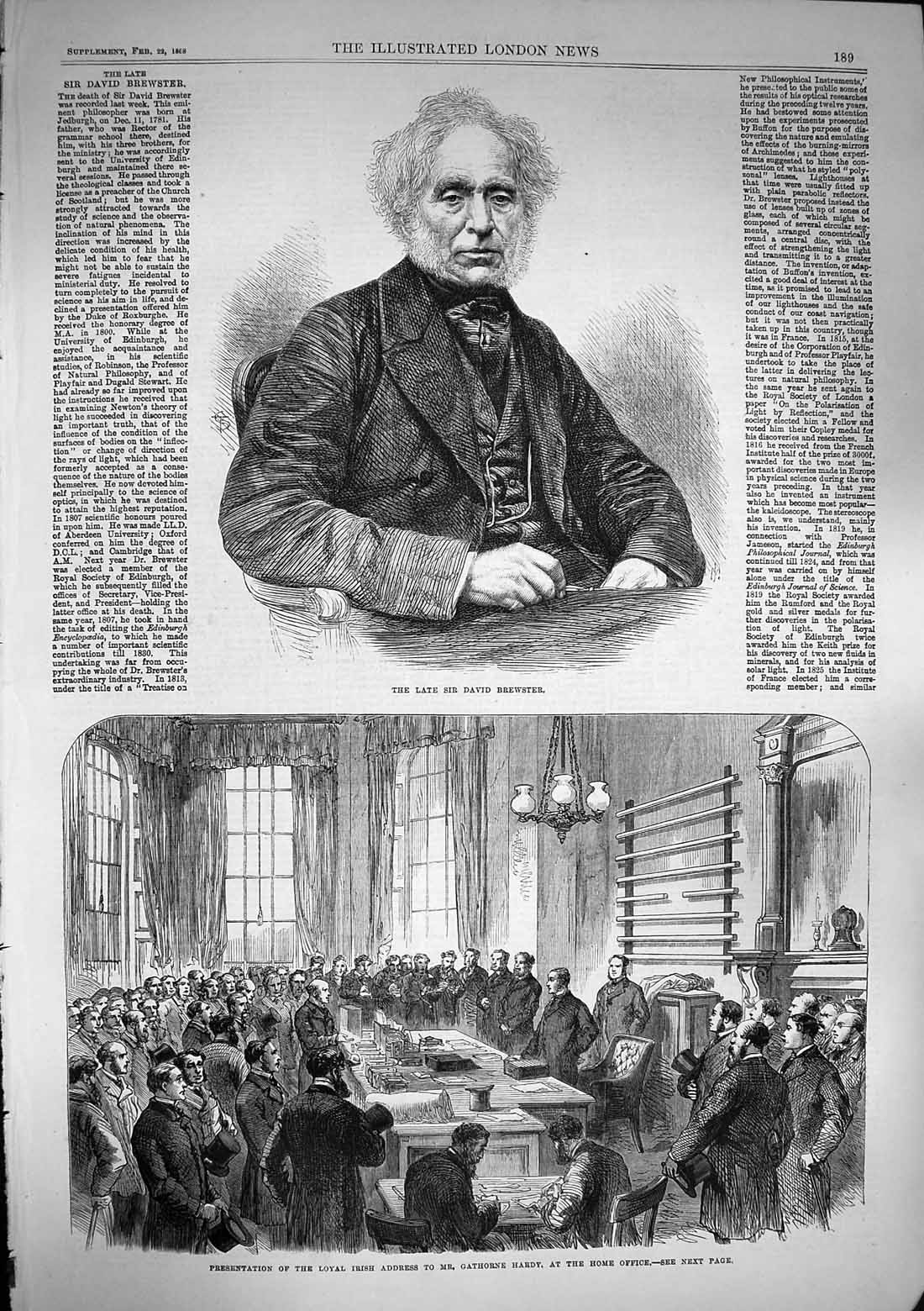 Old Antique Print 1868 David Brewster Gathorne Hardy Home Office Ireland 19th