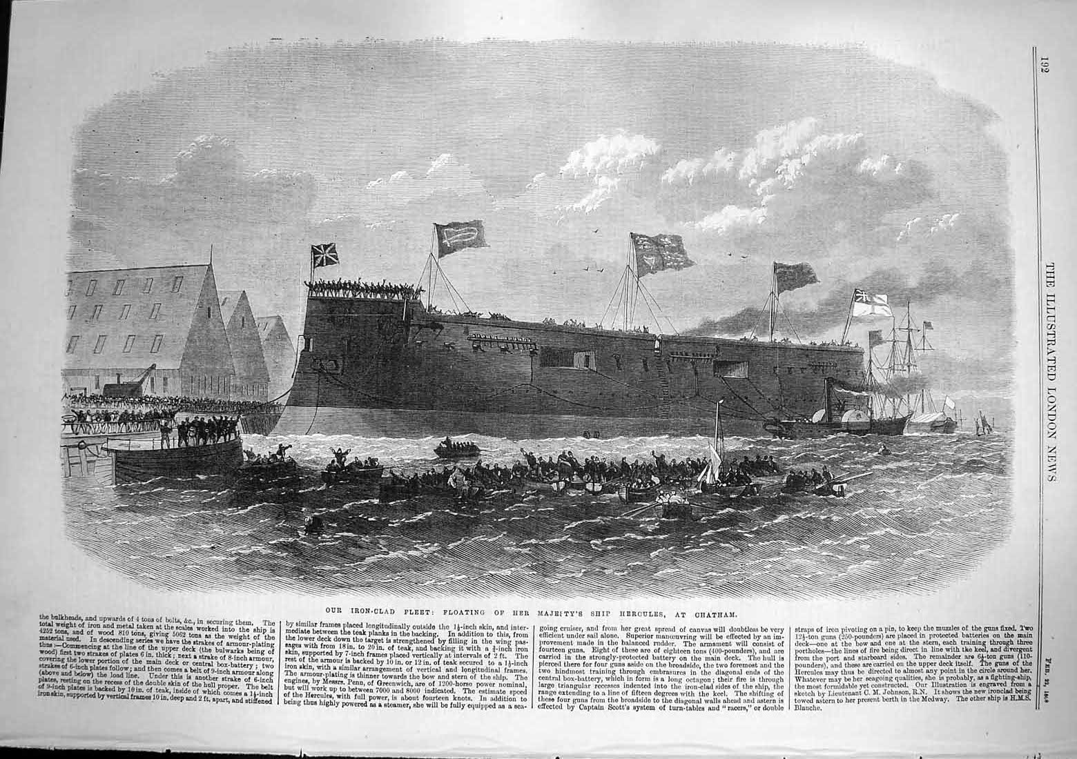 Original Old Antique Print 1868 Iron-Clad Fleet Ship Floating Hercules Chatham