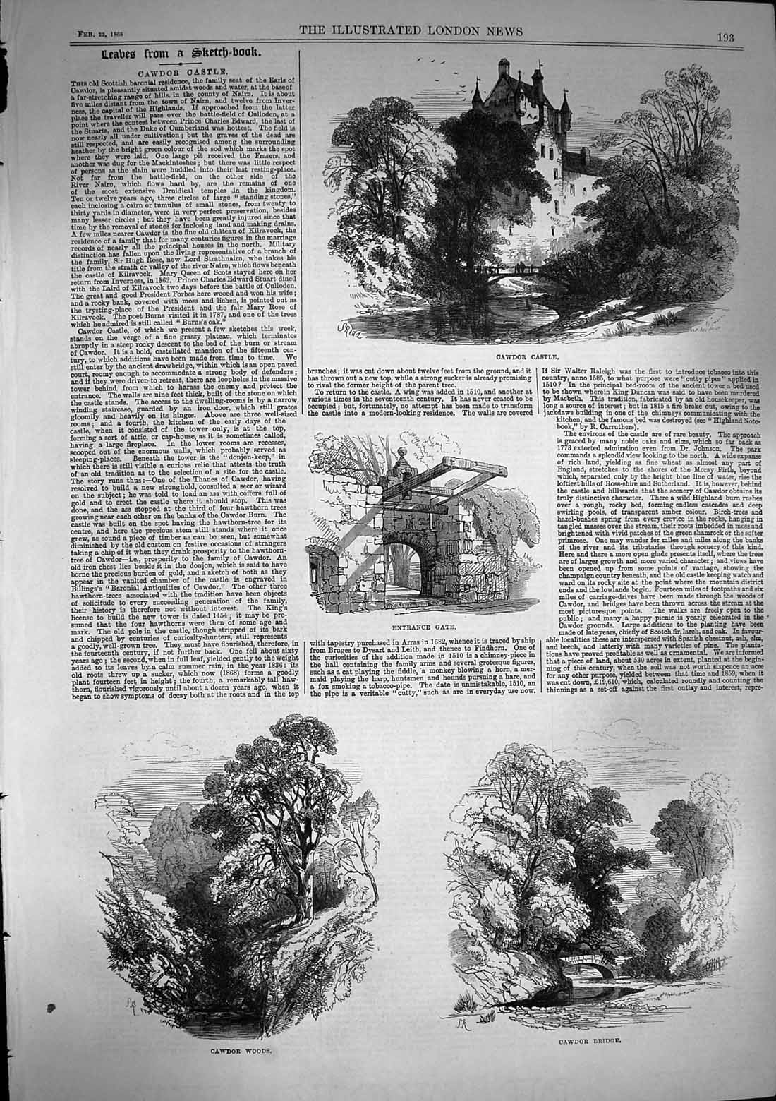 Original Old Antique Print 1868 Cawdor Castle Gate Bridge Woods Inverness-Shire