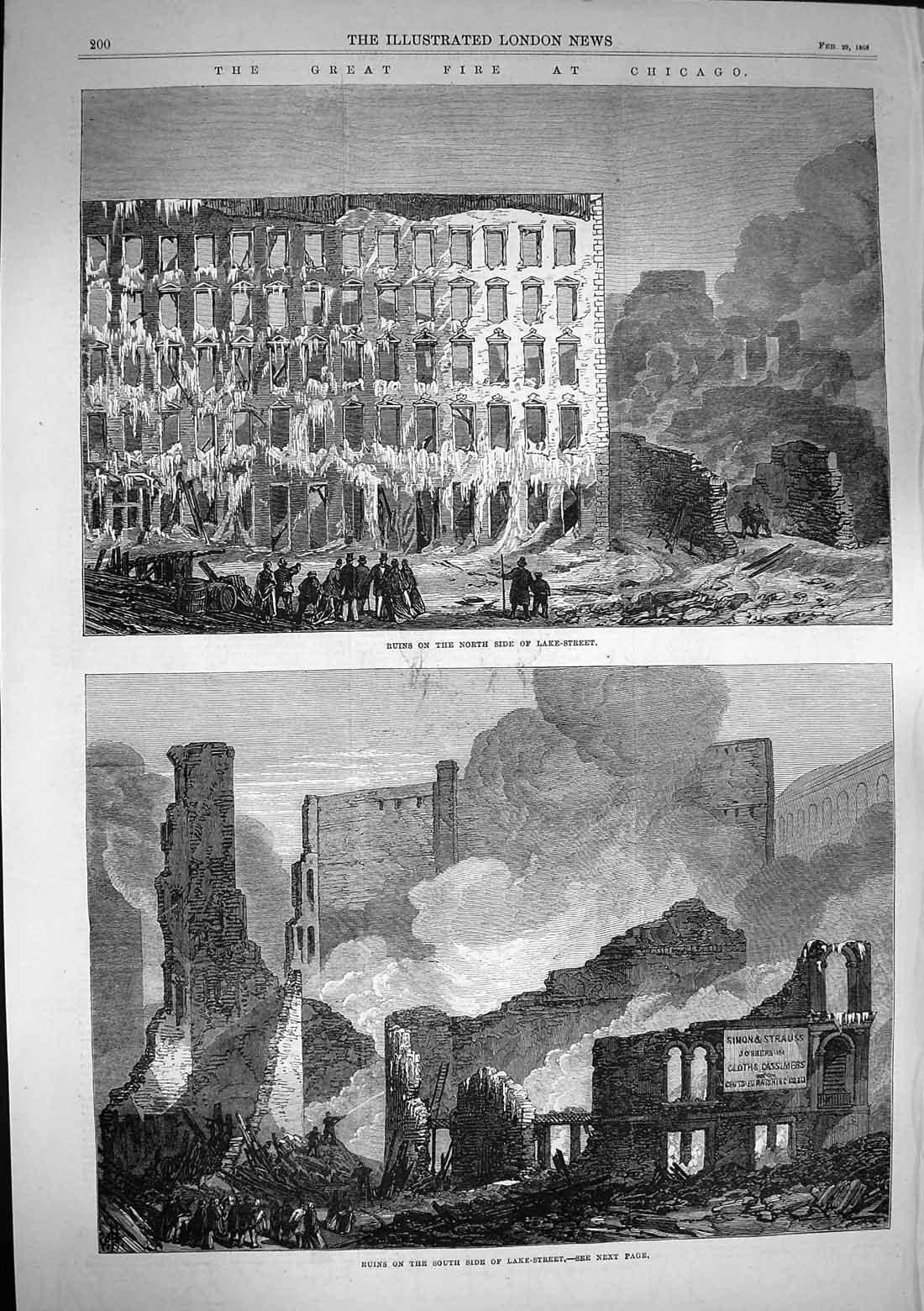 Old Antique Print 1868 Fire Chicago Lake Street Buildings Ruins Fine Art 19th