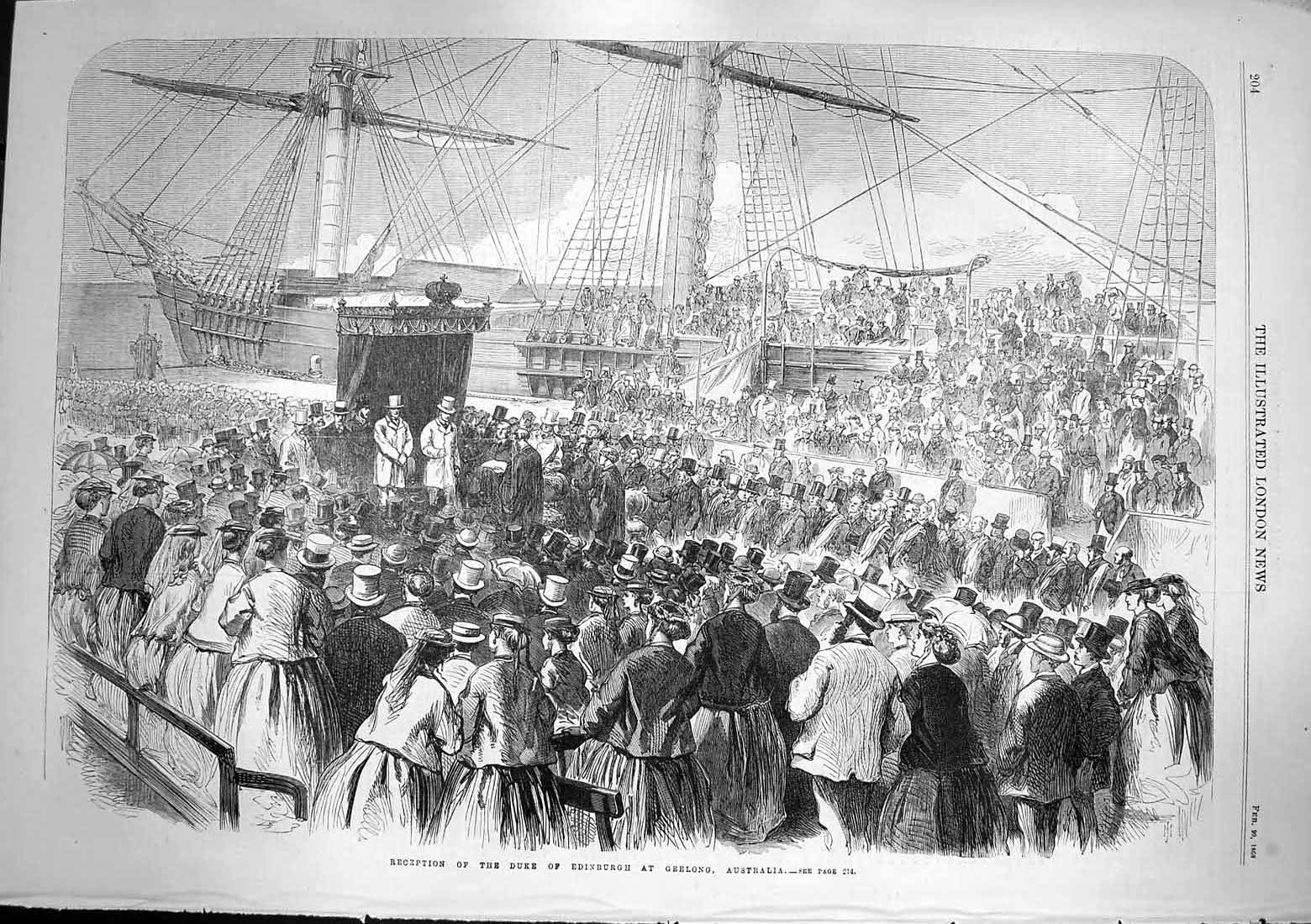 Original Old Antique Print 1868 Reception Duke Edinburgh Geelong Australia 19th
