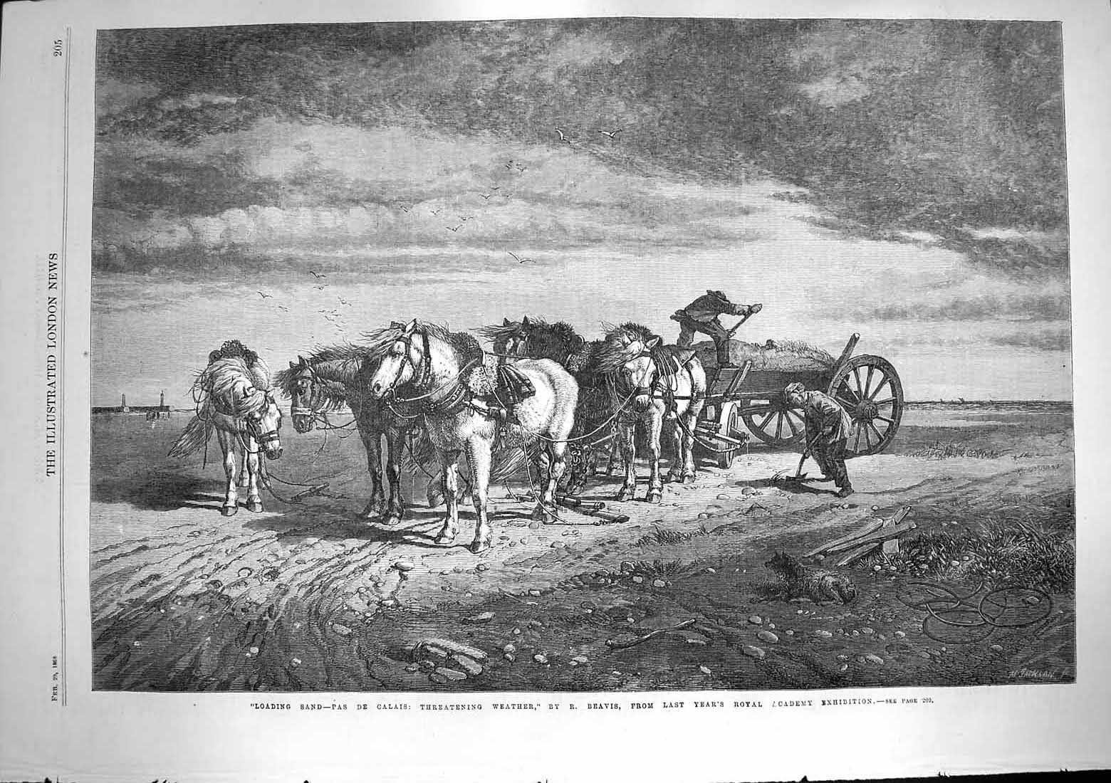 Old Antique Print 1868 Scene Loading Sand Pas De Calais Threating Weather 19th