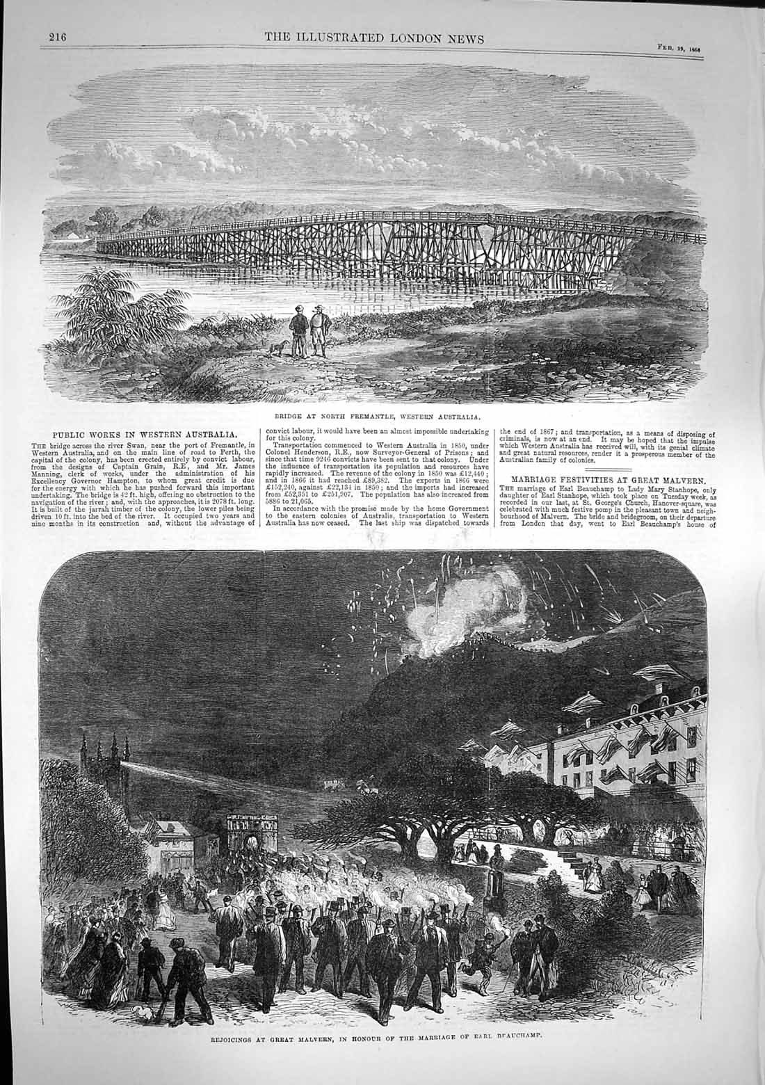 Old Antique Print 1868 Bridge Freemantle Australia Malvern Earl Beauchamp 19th