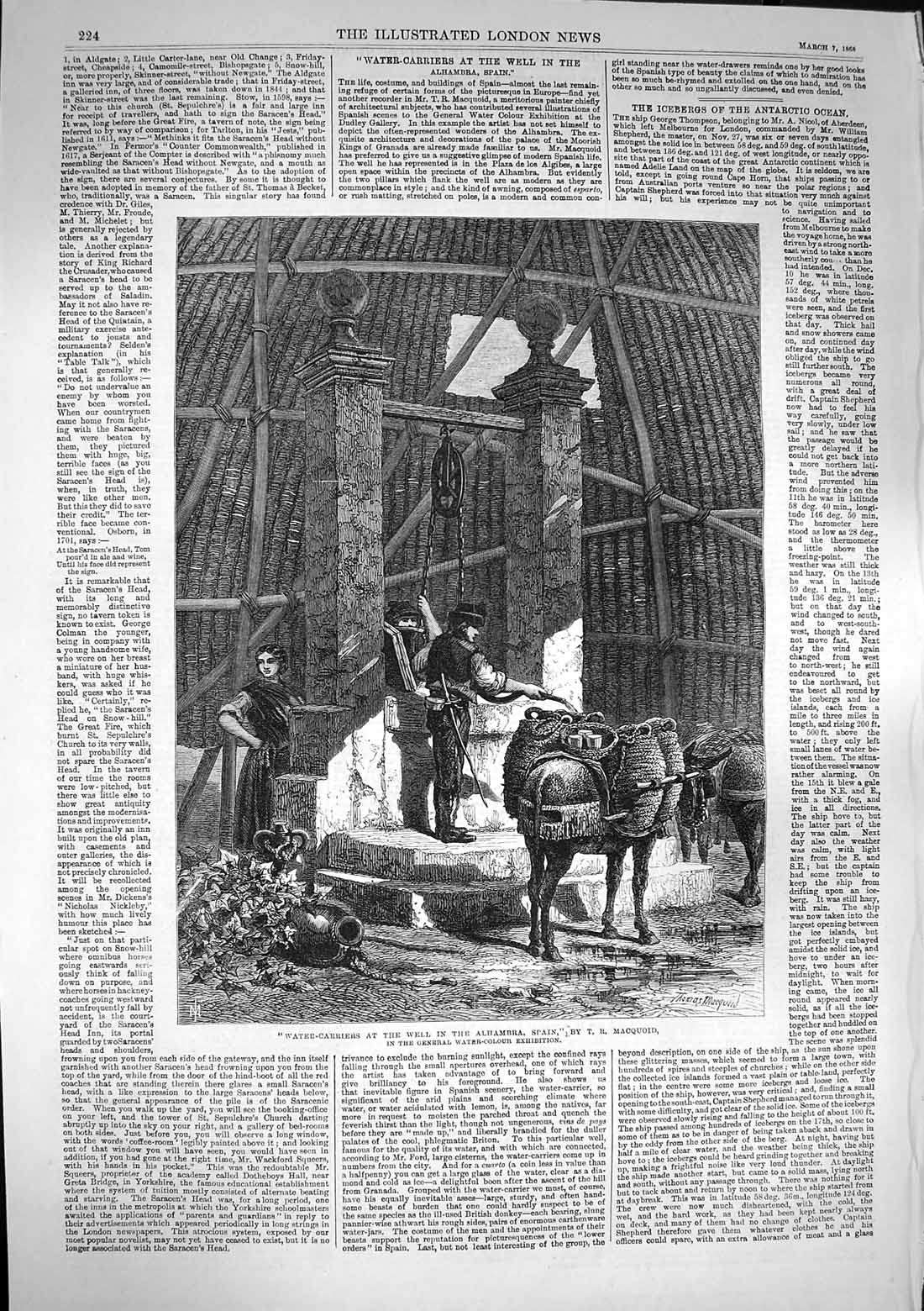 Original Old Antique Print 1868 Water-Carriers Well Alhambra Spain Donkeys 19th