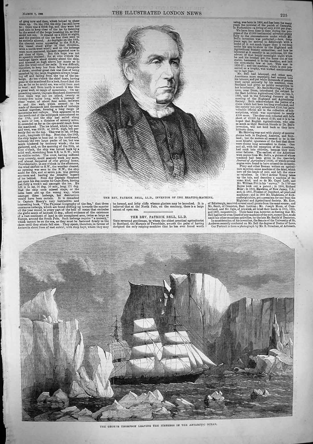 Old Antique Print 1868 Patrick Bell Inventor George Thompson Ship Iceberg 19th