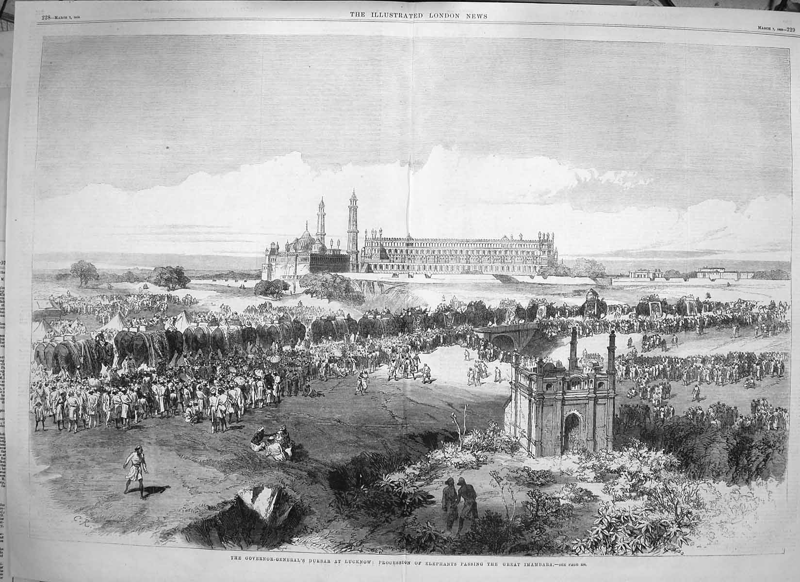 Antique Old Print 1868 Governor-General Durbar Lucknow Elephants Imambara 19th