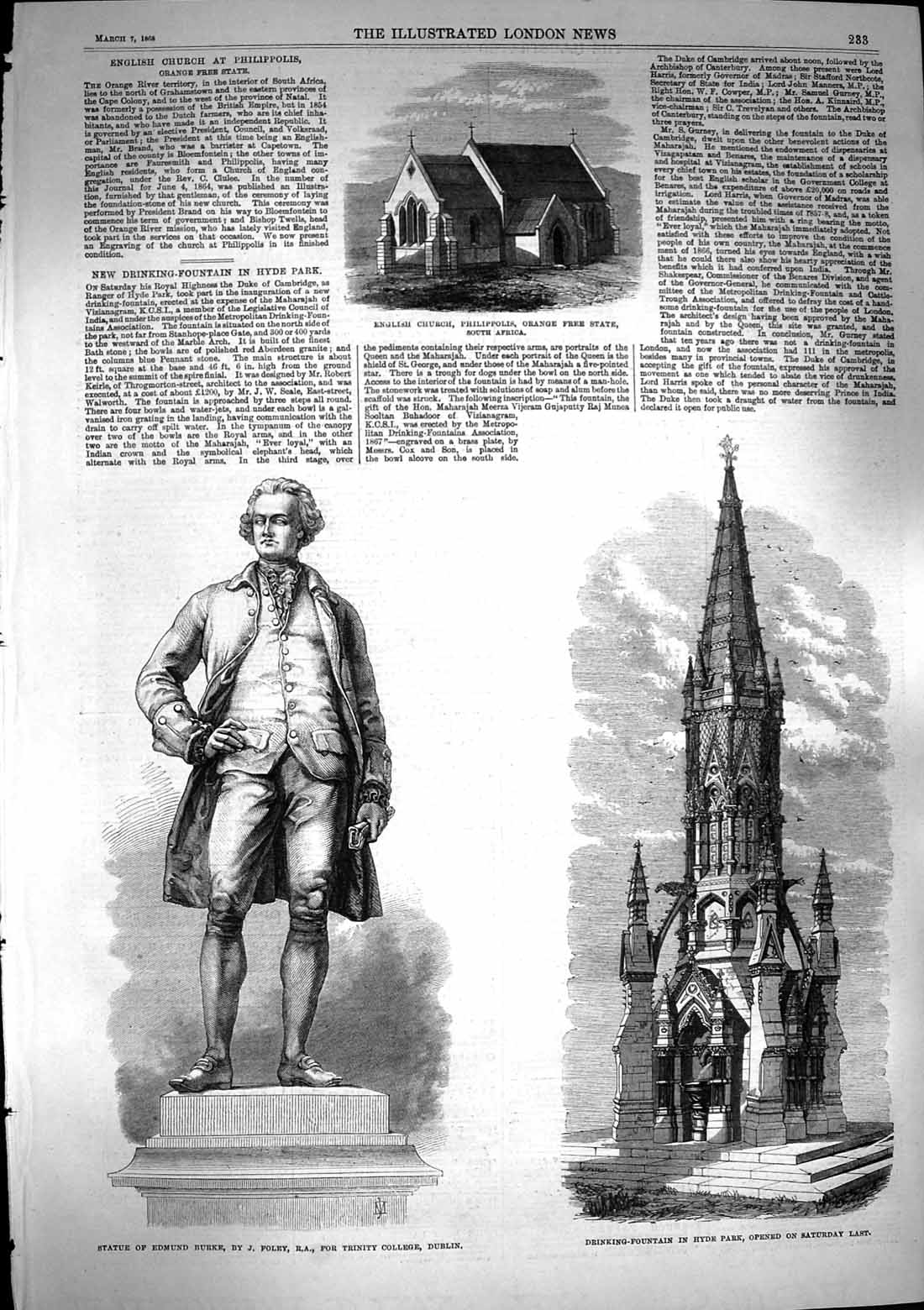 Old Antique Print 1868 English Church Orange Africa Statue Burke Fountain 19th
