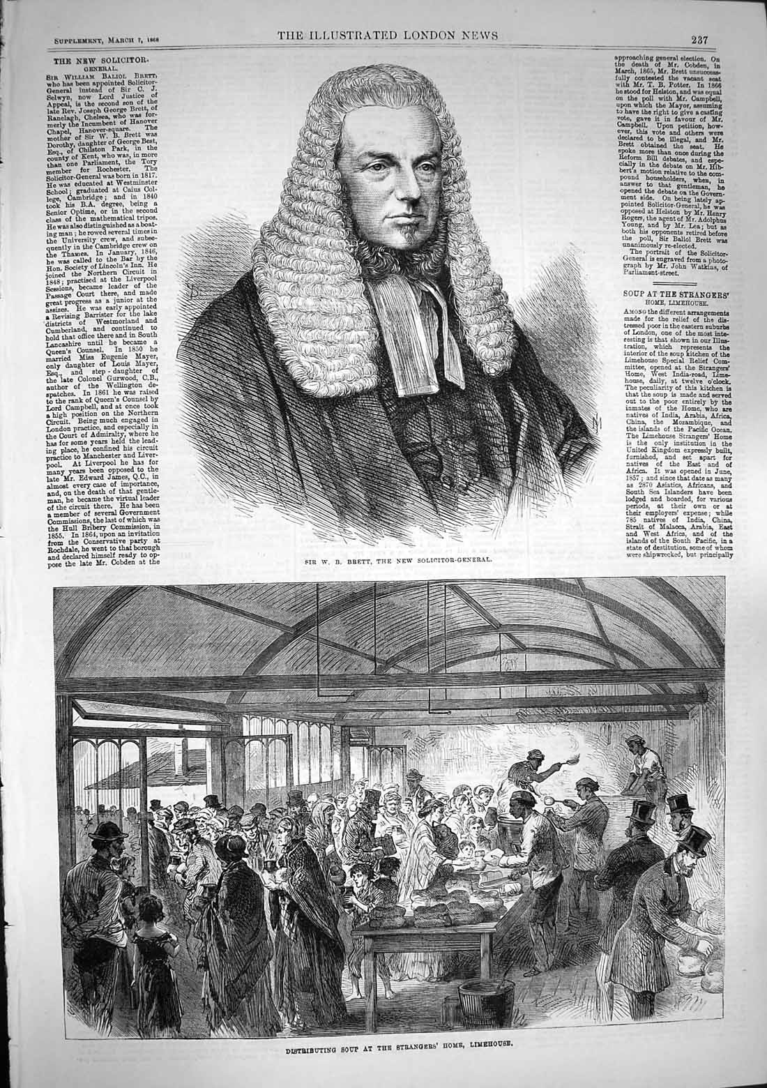 Old Antique Print 1868 Brett Solicitor-General Soup Strangers Limehouse 19th
