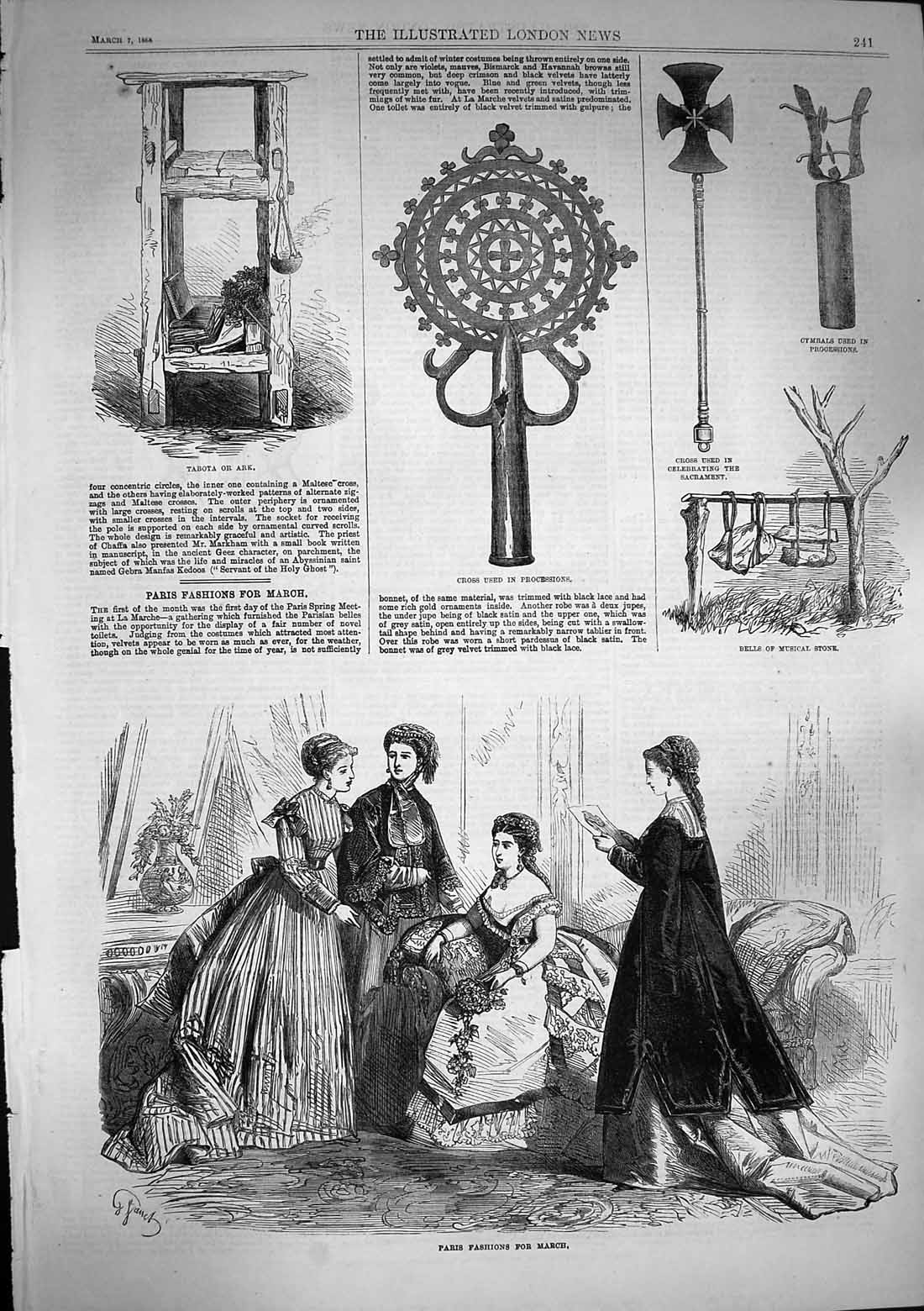 Old Antique Print 1868 Paris Fashion Cross Sacrament Tabota Ark Cymbals 19th