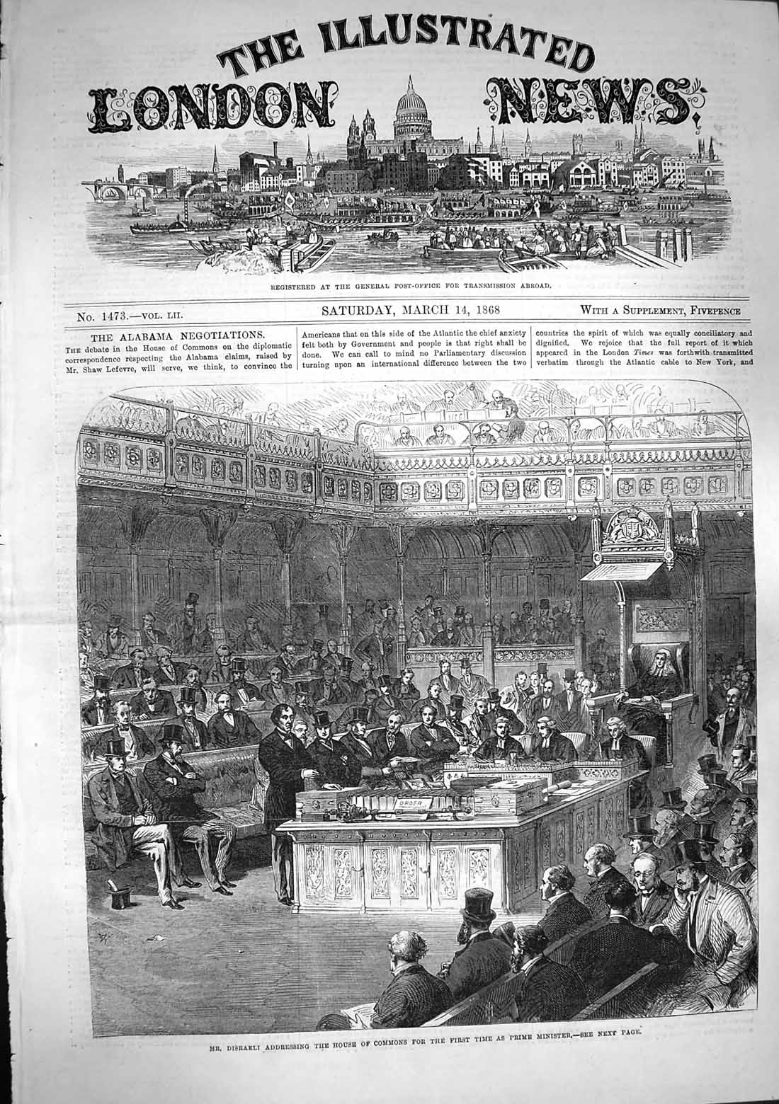 Original Old Antique Print 1868 Disraeli House Commons Prime Minister Par 19th