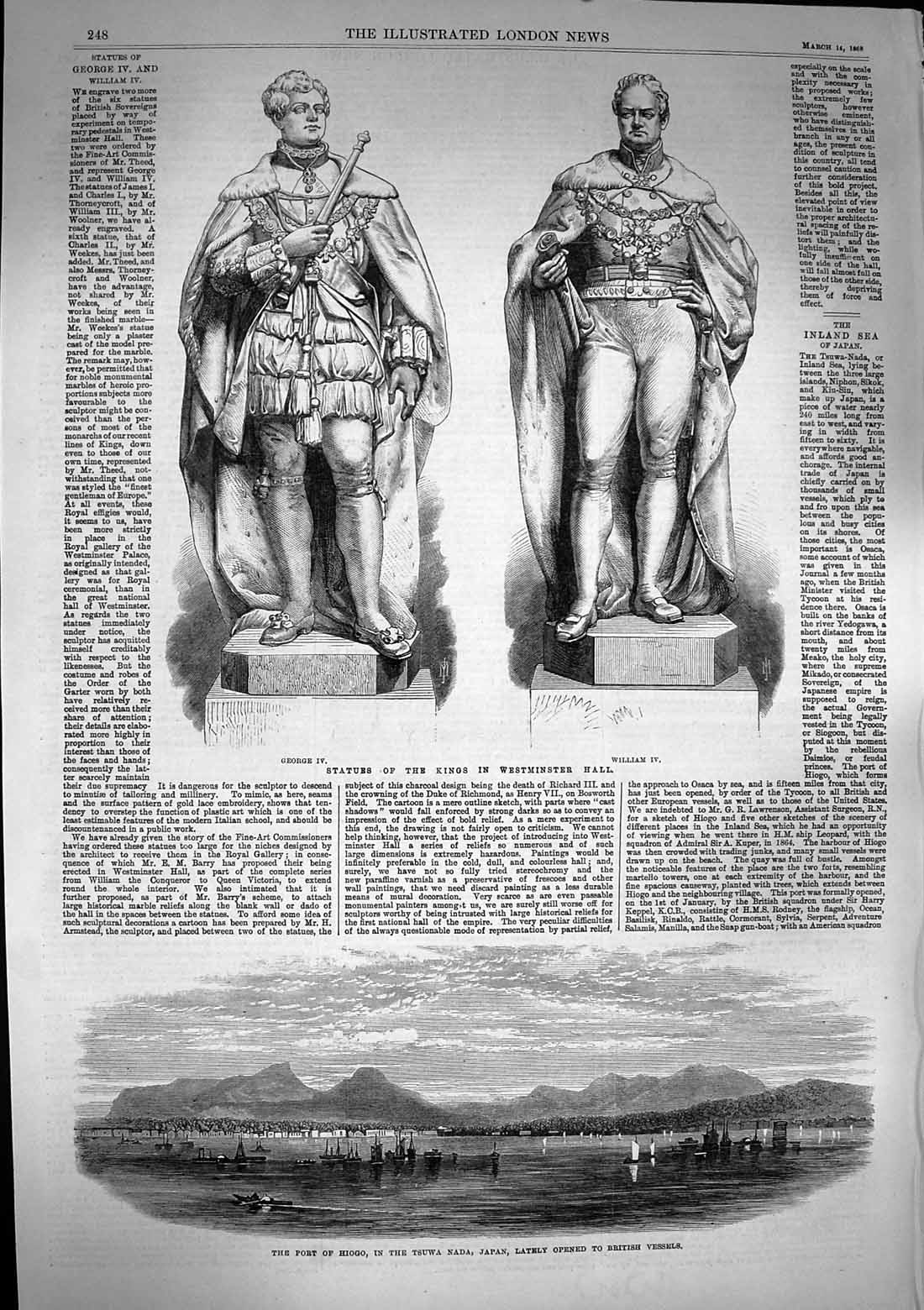 Original Old Antique Print 1868 Statue King Westminster Port Hiogo Nada Japan