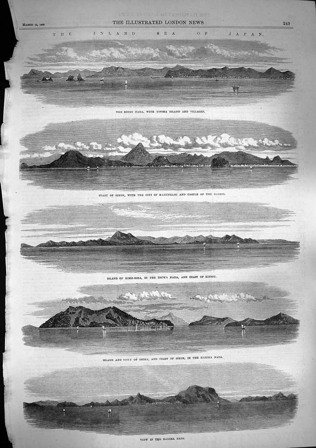 Original Old Antique Print 1868 Island Sea Japan Bingo Nada Sikok Osima Harima