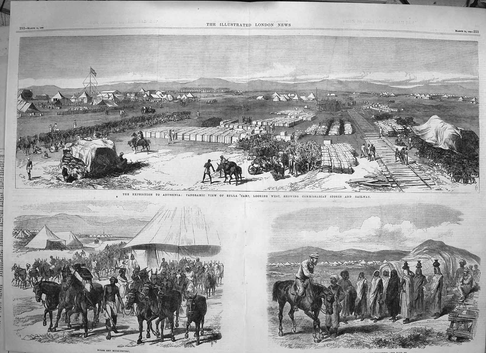 Old Antique Print 1868 Abyssinia Zulla Camp Railway Mules Water Carriers 19th