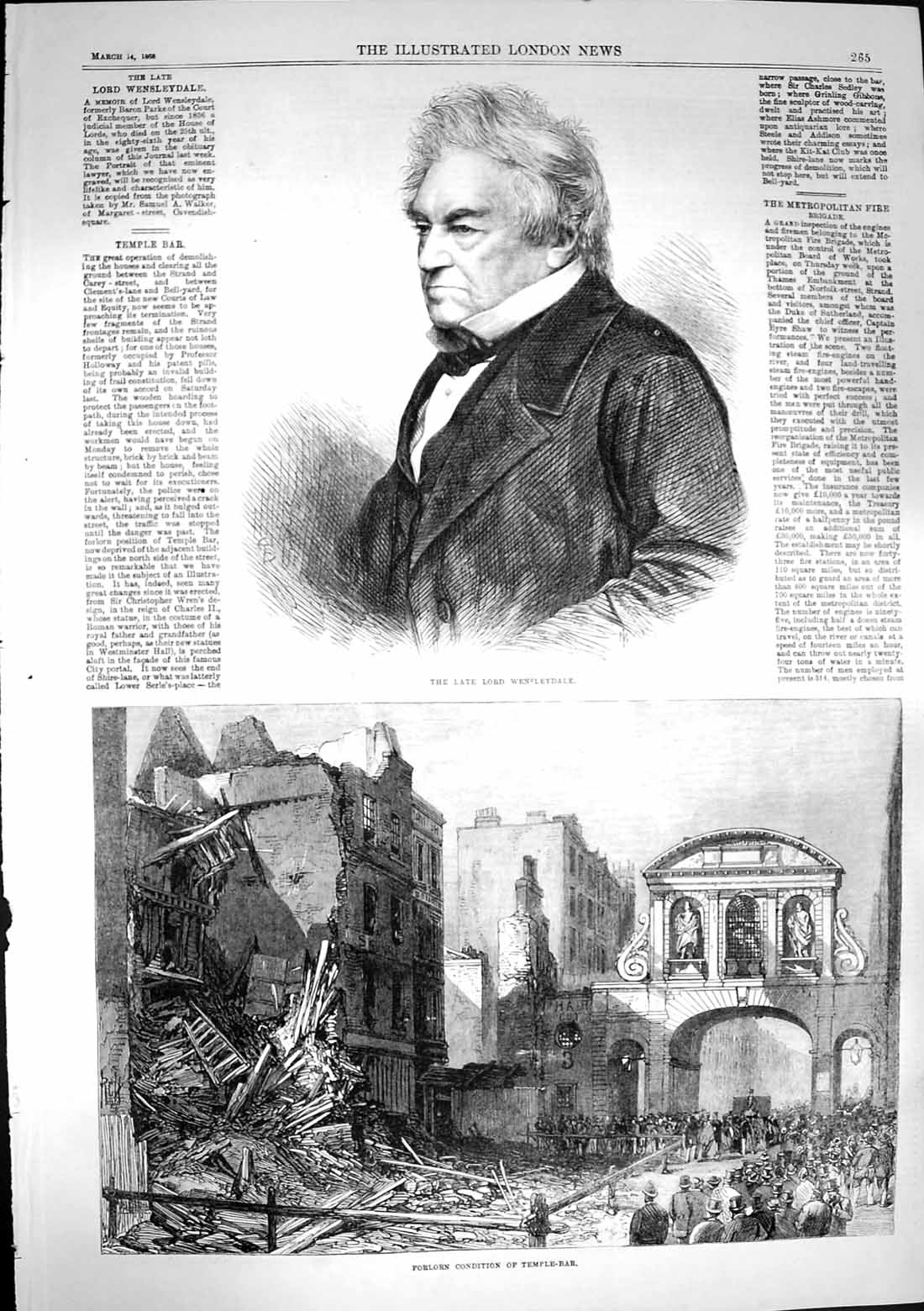 Original Old Antique Print 1868 Lord Wensleydale Forlorn Condition Temple-Bar