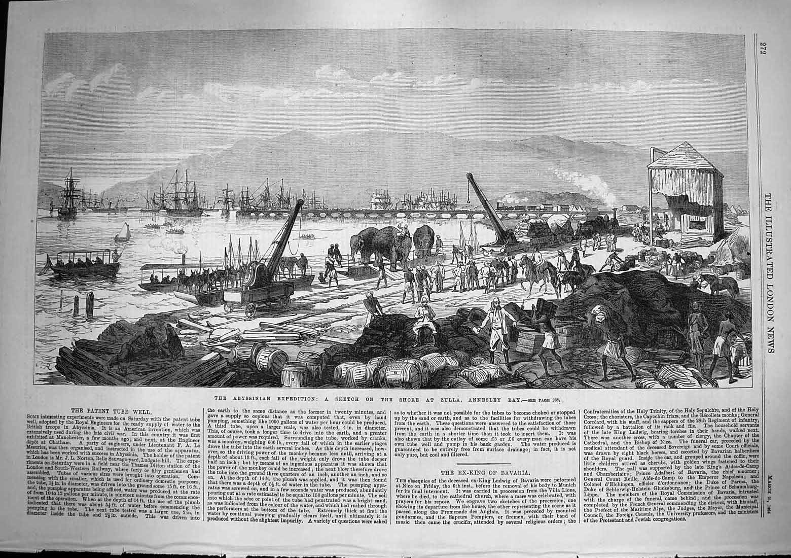 Old Antique Print 1868 Abyssinia View Shore Zulla Annesley Bay Elephants 19th