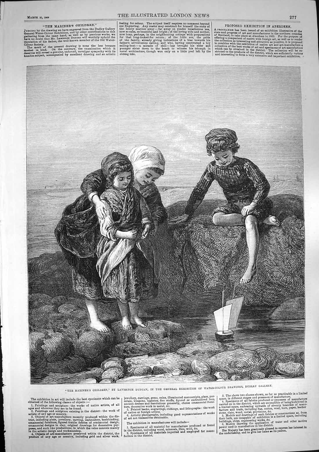 Old Antique Print 1868 Mariners Children Rocks Sea Boat Lawrence Duncan 19th