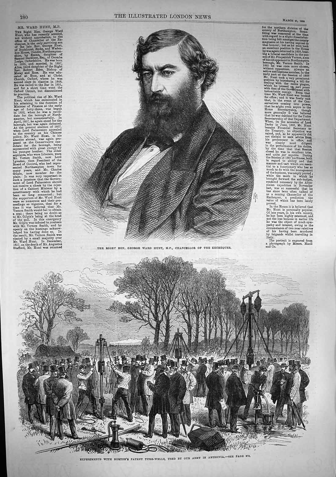 Original Old Antique Print 1868 George Ward Hunt Chancellor Norton Tube-Wells
