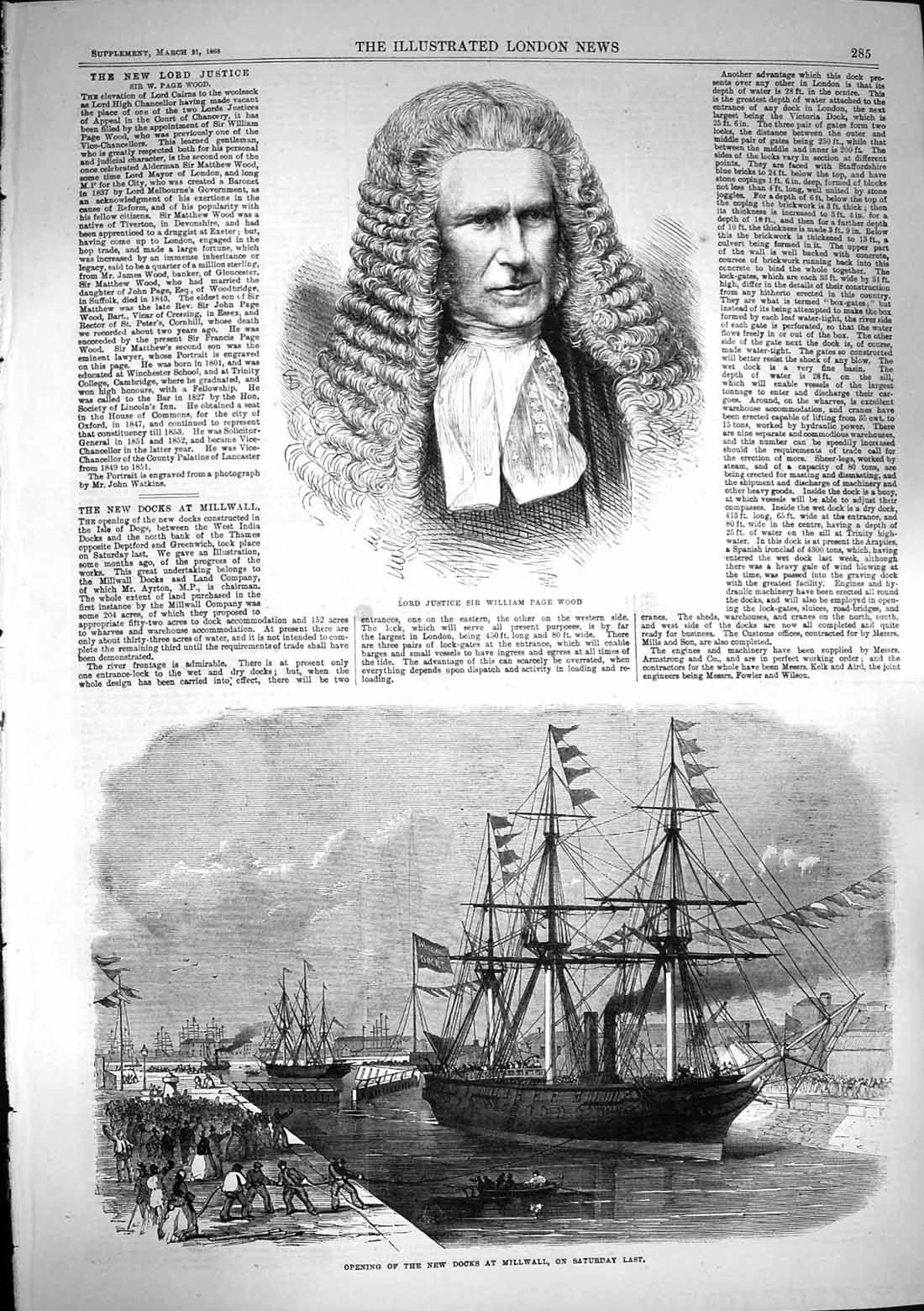 Old Antique Print 1868 Lord Justice William Page Wood Docks Millwall Ship 19th