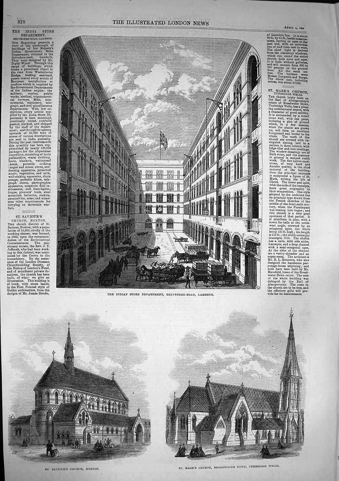 Original Old Antique Print 1868 Indian Store Belvedere Lambeth Church Tunbridge