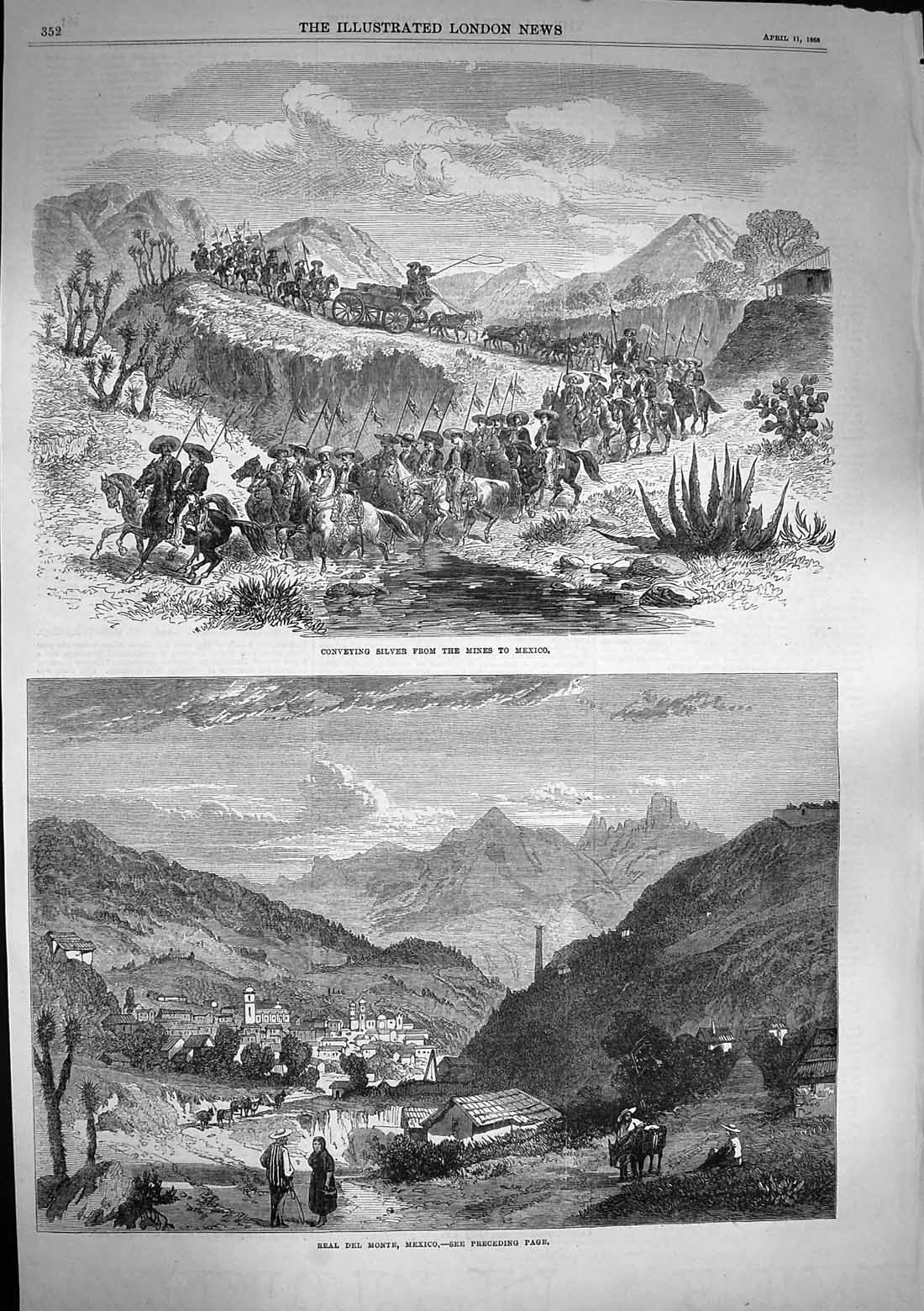 Original Old Antique Print 1868 Conveying Silver Mines Mexico Real Del Monte