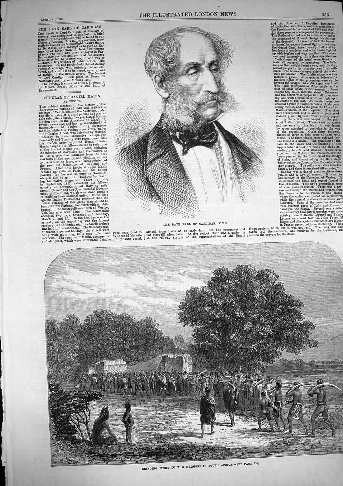 Old Antique Print 1868 Earl Cardigan Ivory Waggons South Africa Natives 19th