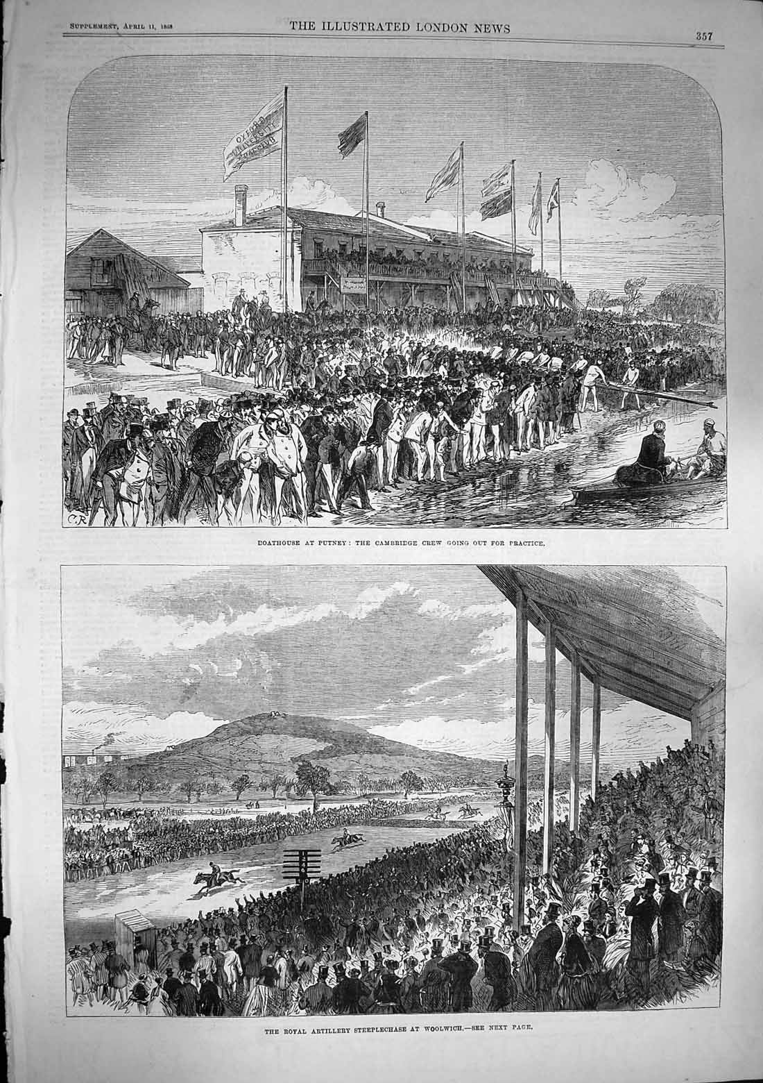Old Antique Print 1868 Boathouse Putney Cambridge Steeplechase Woolwich 19th