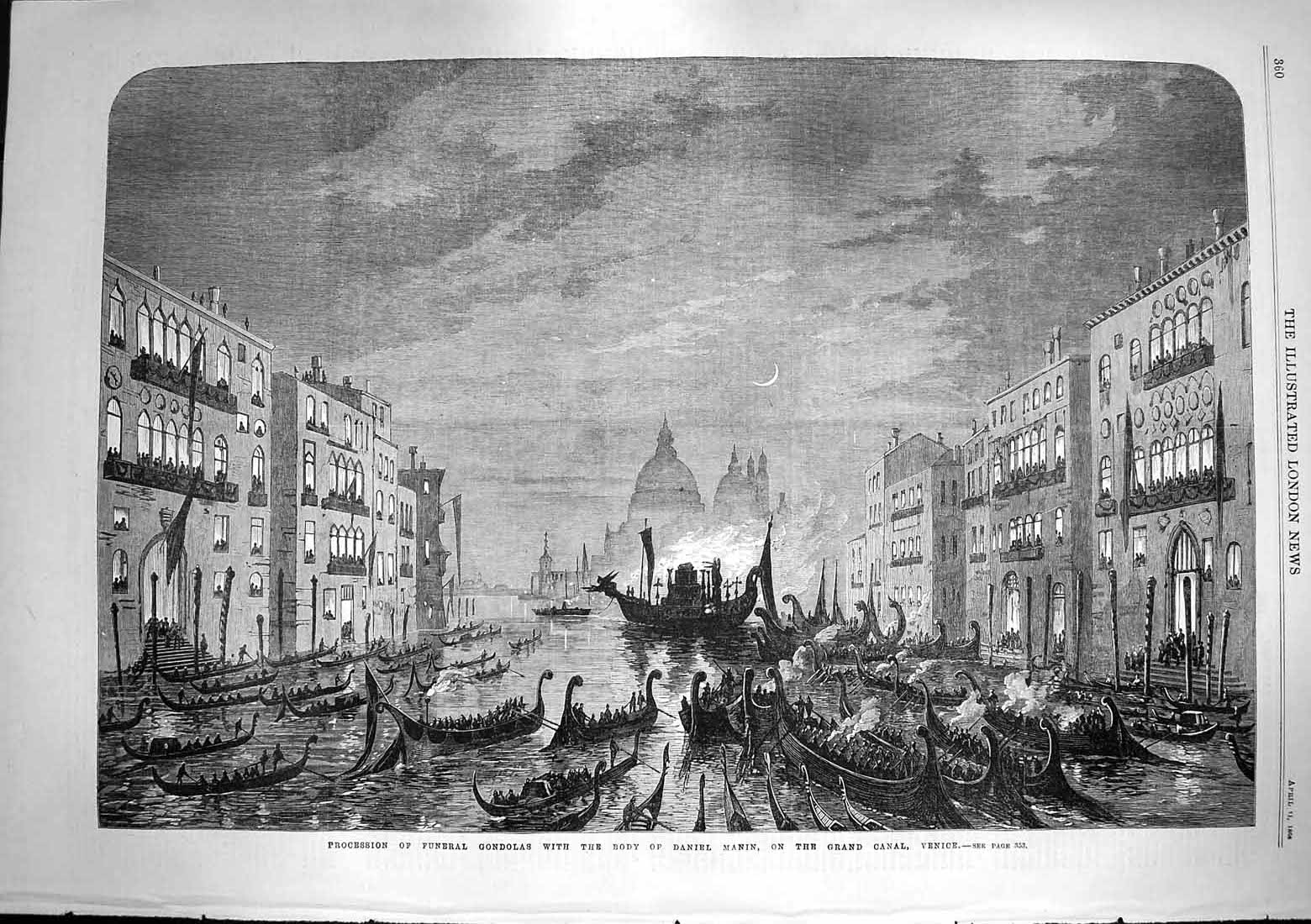 Old Antique Print 1868 Funeral Gondolas Daniel Manin Grand Canal Venice 19th