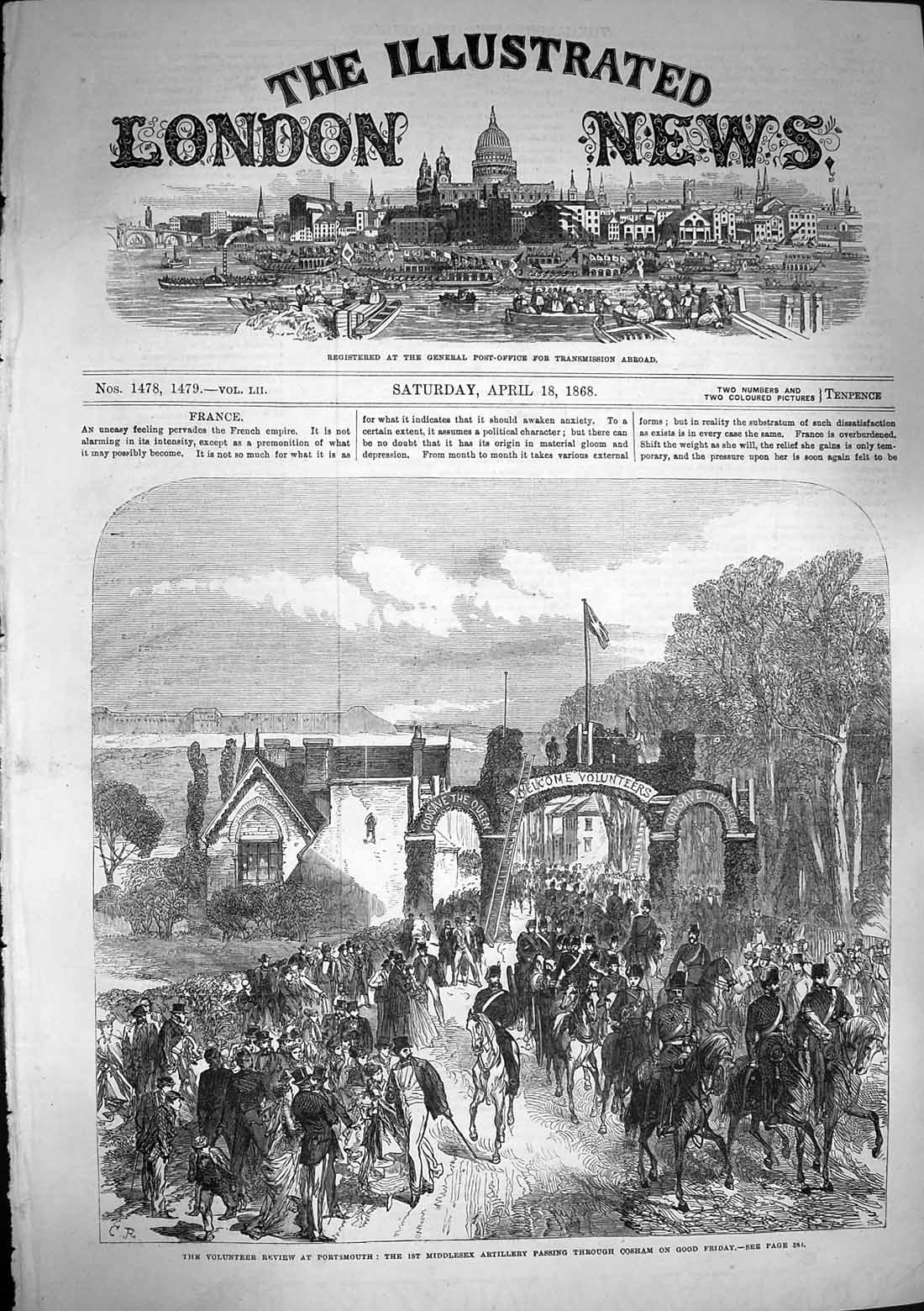 Old Antique Print 1868 Volunteer Review Portsmouth Middlesex Cosham War 19th