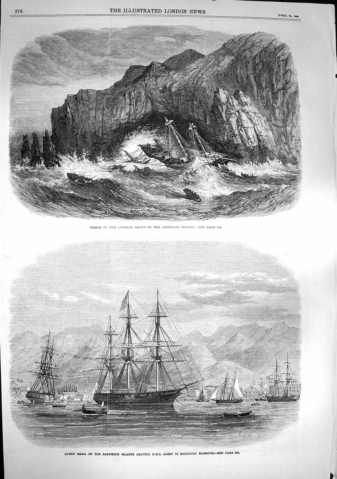 Original Old Antique Print 1868 Ship General Grant Auckland Queen Emma Victorian
