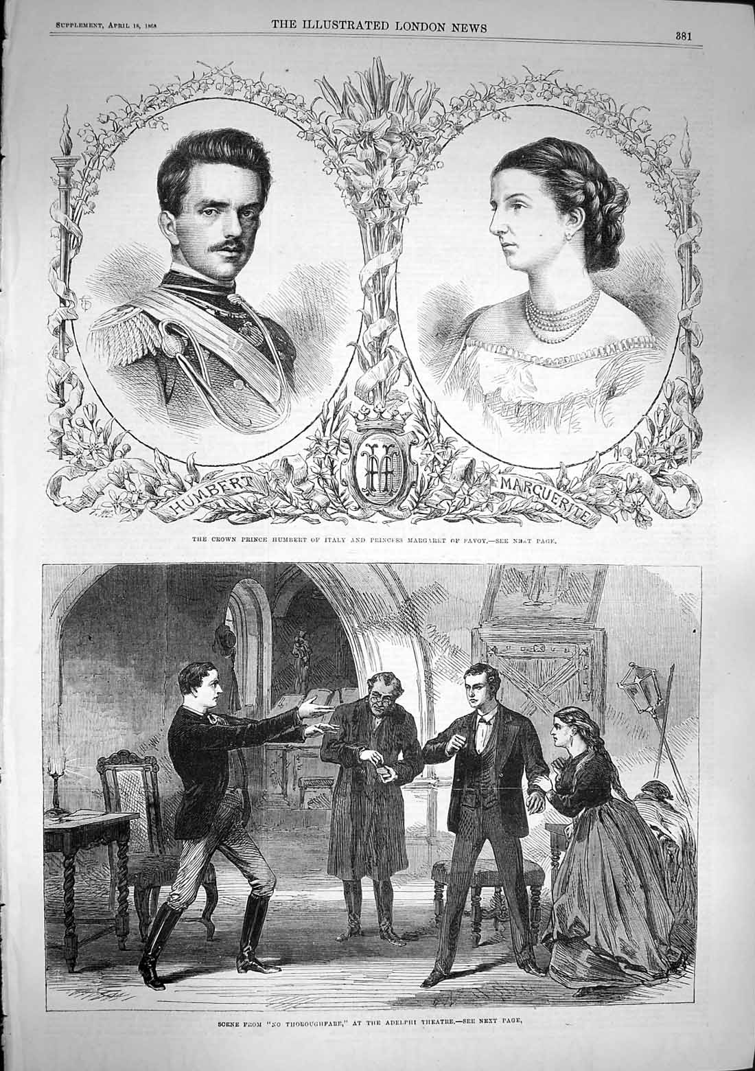 Original Old Antique Print 1868 Prince Humbert Margaret Savoy Adelphi Victorian