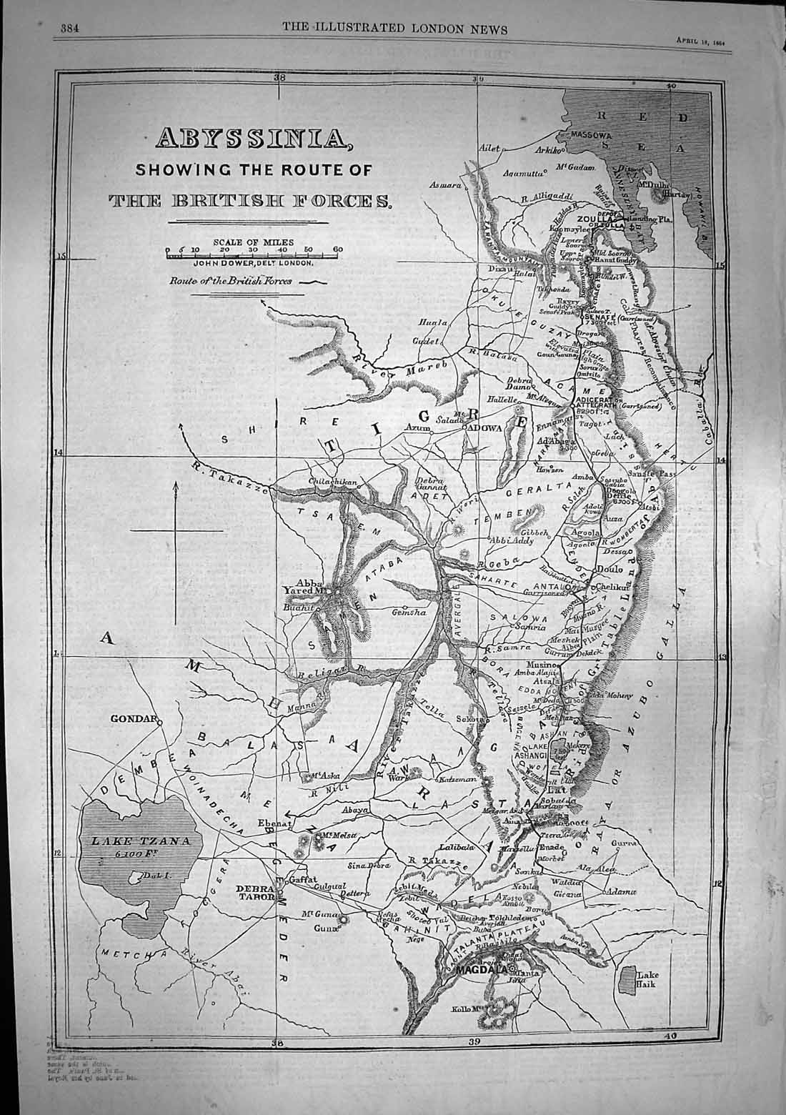 Original Old Antique Print 1868 Map Abyssinia Route British Forces Victorian