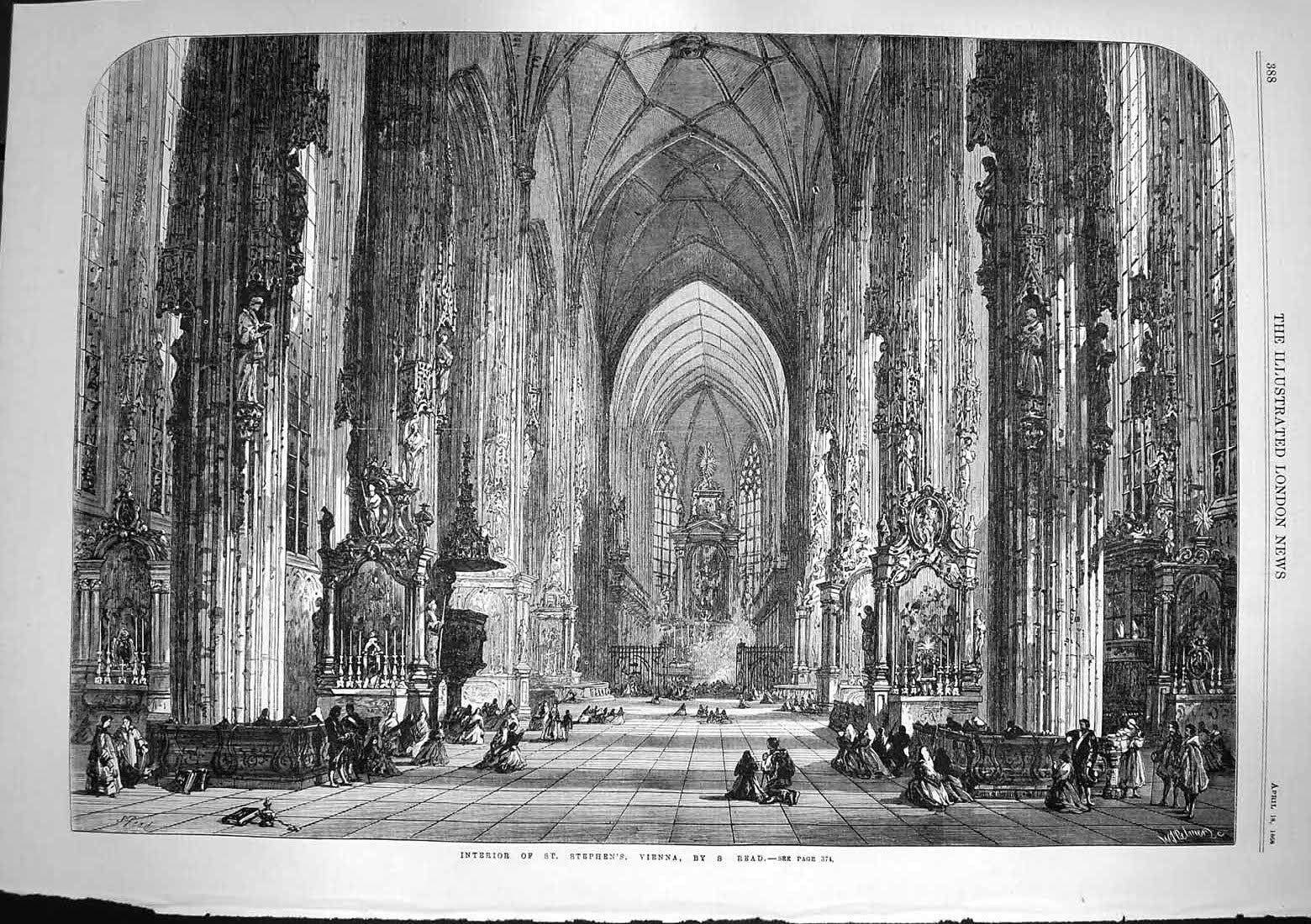 Original Old Antique Print 1868 Interior St. Stephens Cathedral Vien Victorian