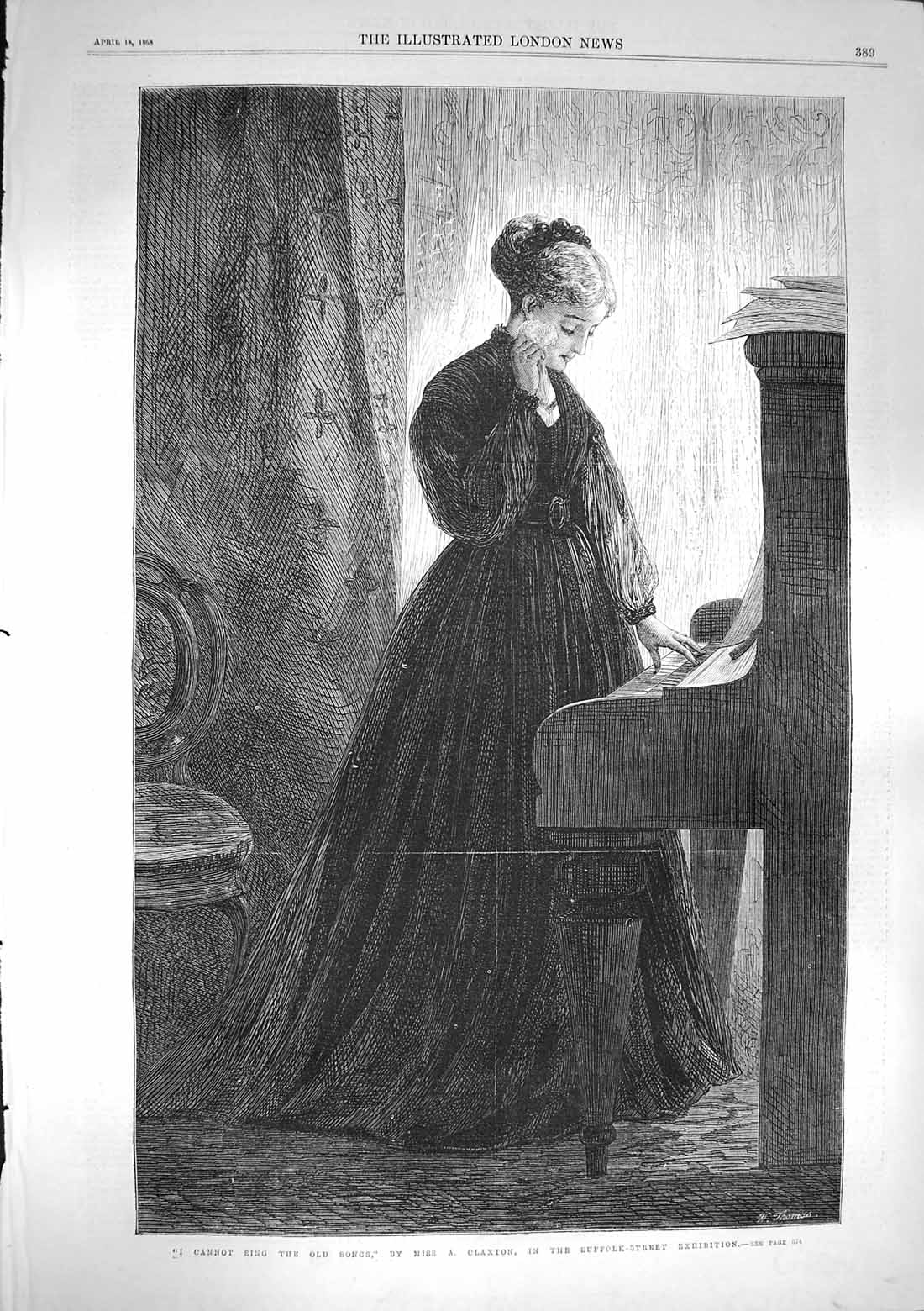 Original Old Antique Print 1868 Lady Music Piano I Cannot Sing The Songs 19th