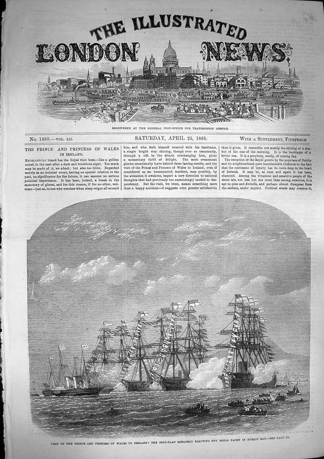 Original Old Antique Print 1868 Prince Wales Ireland Ships Royal Yacht Dub 19th