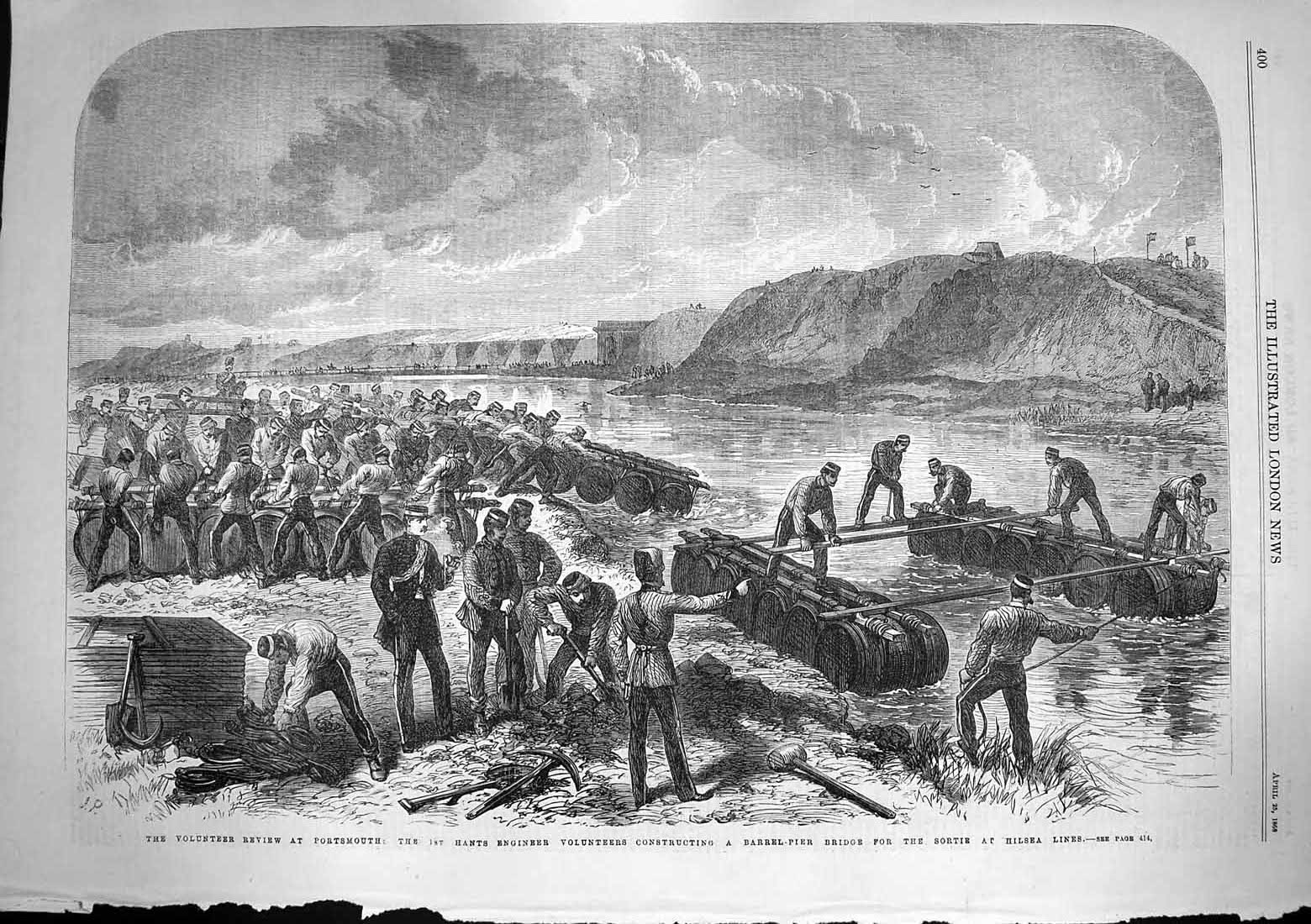 Original Old Antique Print 1868 Hants Engineer Volunteers Hilsea Lines Sortie