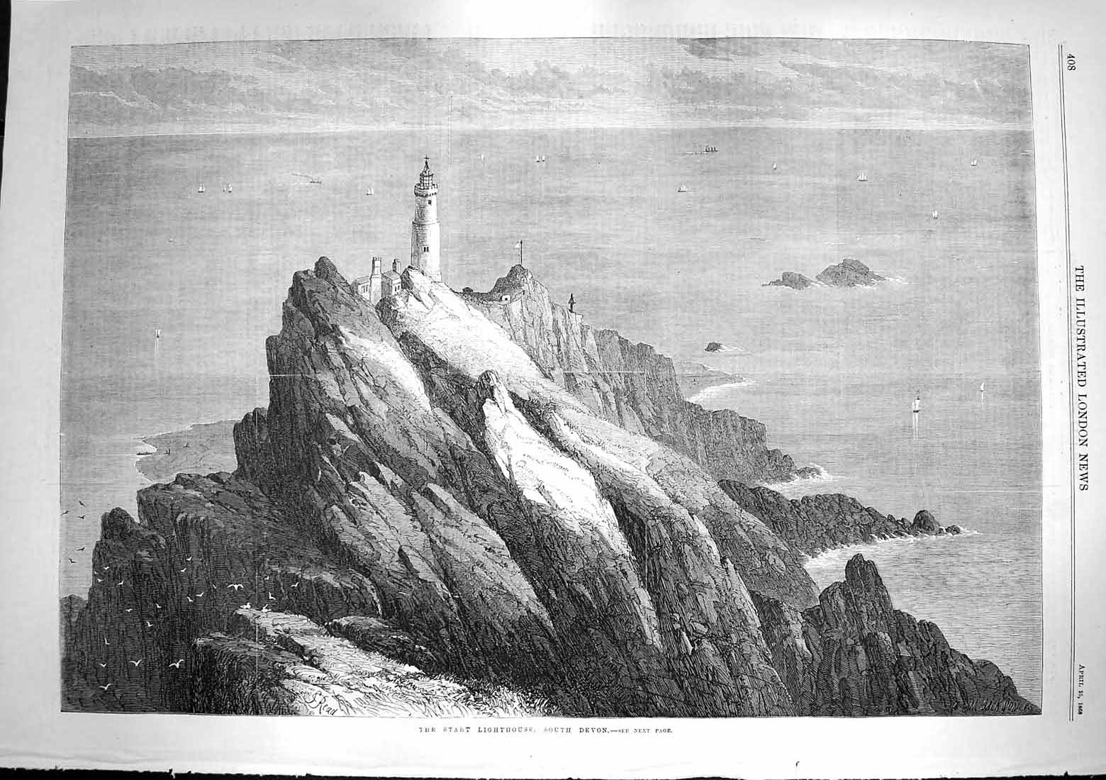 Original Old Antique Print 1868 Start Lighthouse South Devon England Fine Art