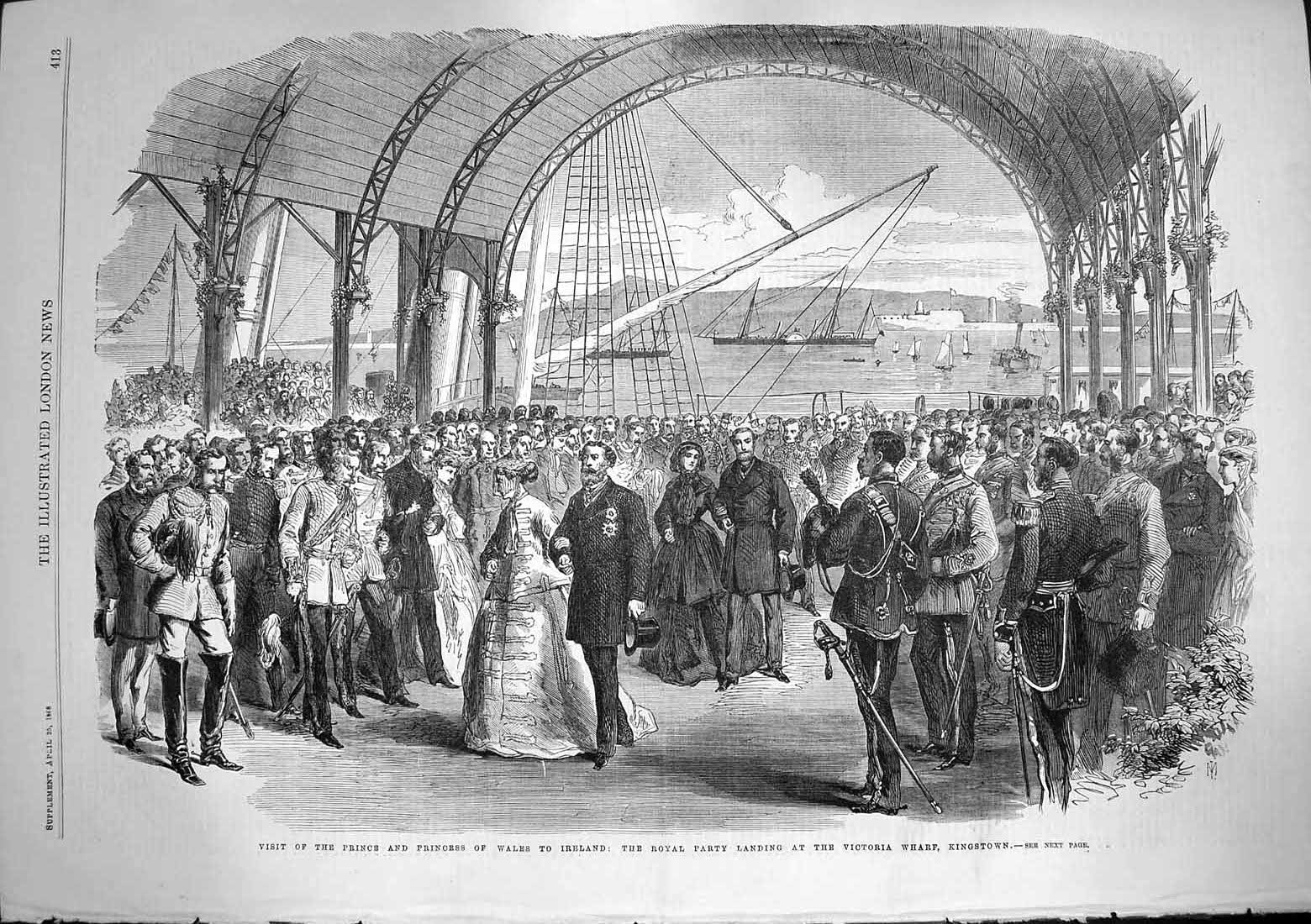 Original Old Antique Print 1868 Prince Wales Ireland Victoria Wharf Kingstown