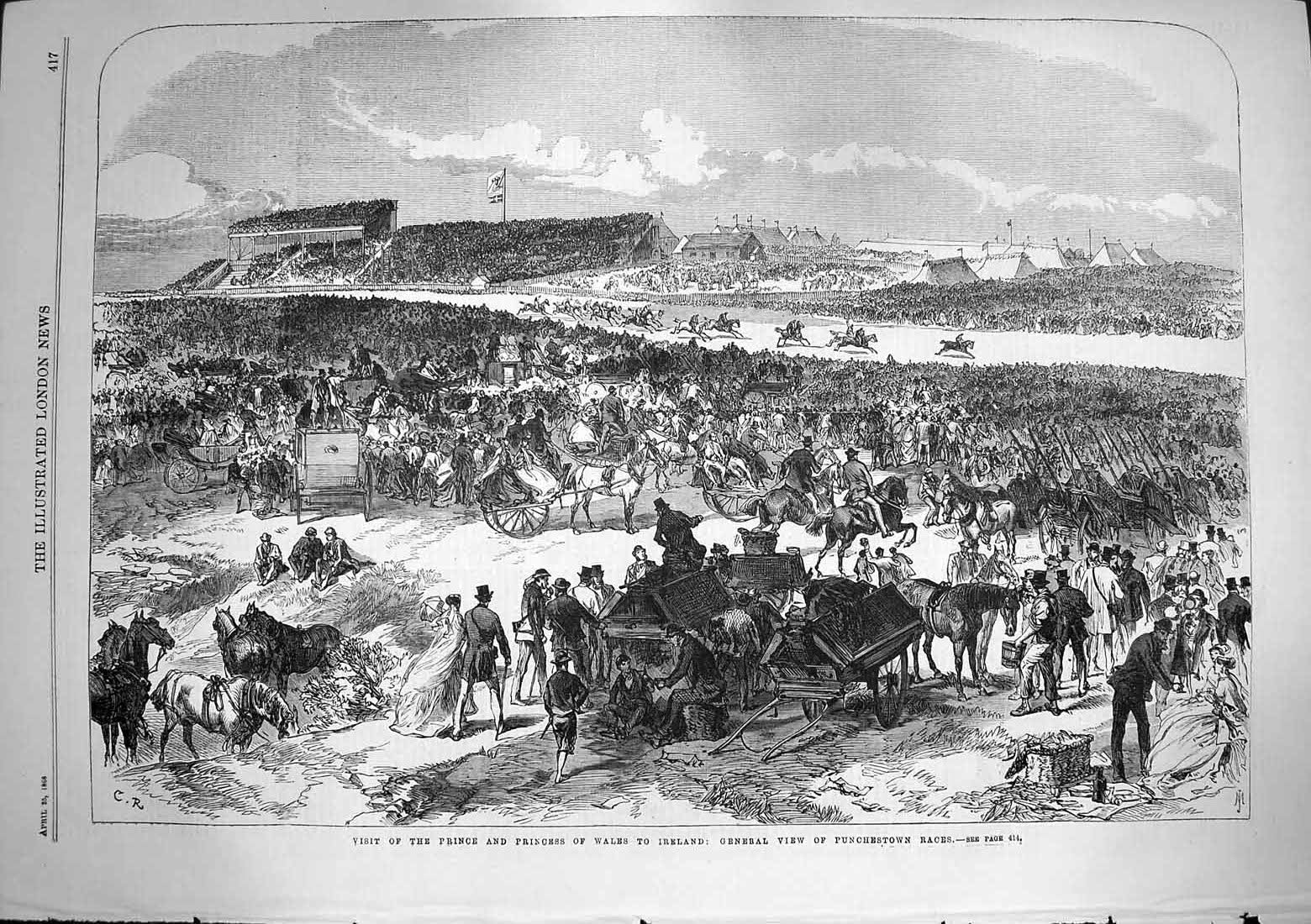 Original Old Antique Print 1868 Prince Wales Ireland Punchestown Races Horses