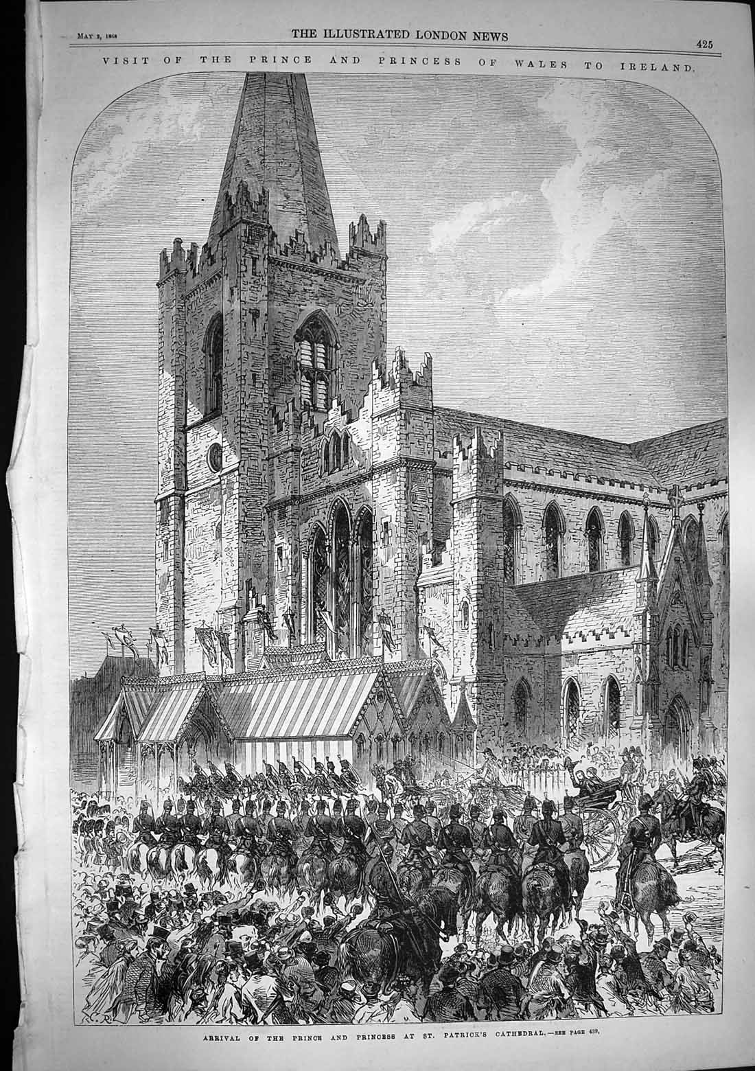 Original Old Antique Print 1868 Prince Princess Patricks Cathedral Architecture