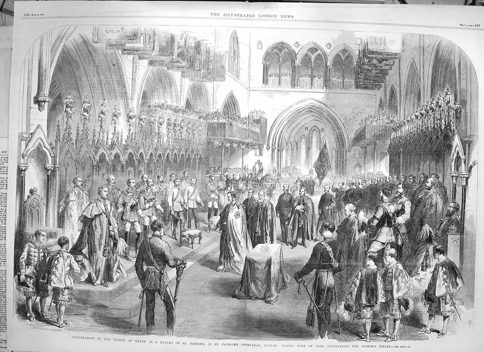 Old Antique Print 1868 Prince Wales Knight St. Patrick Cathedral Dublin 19th