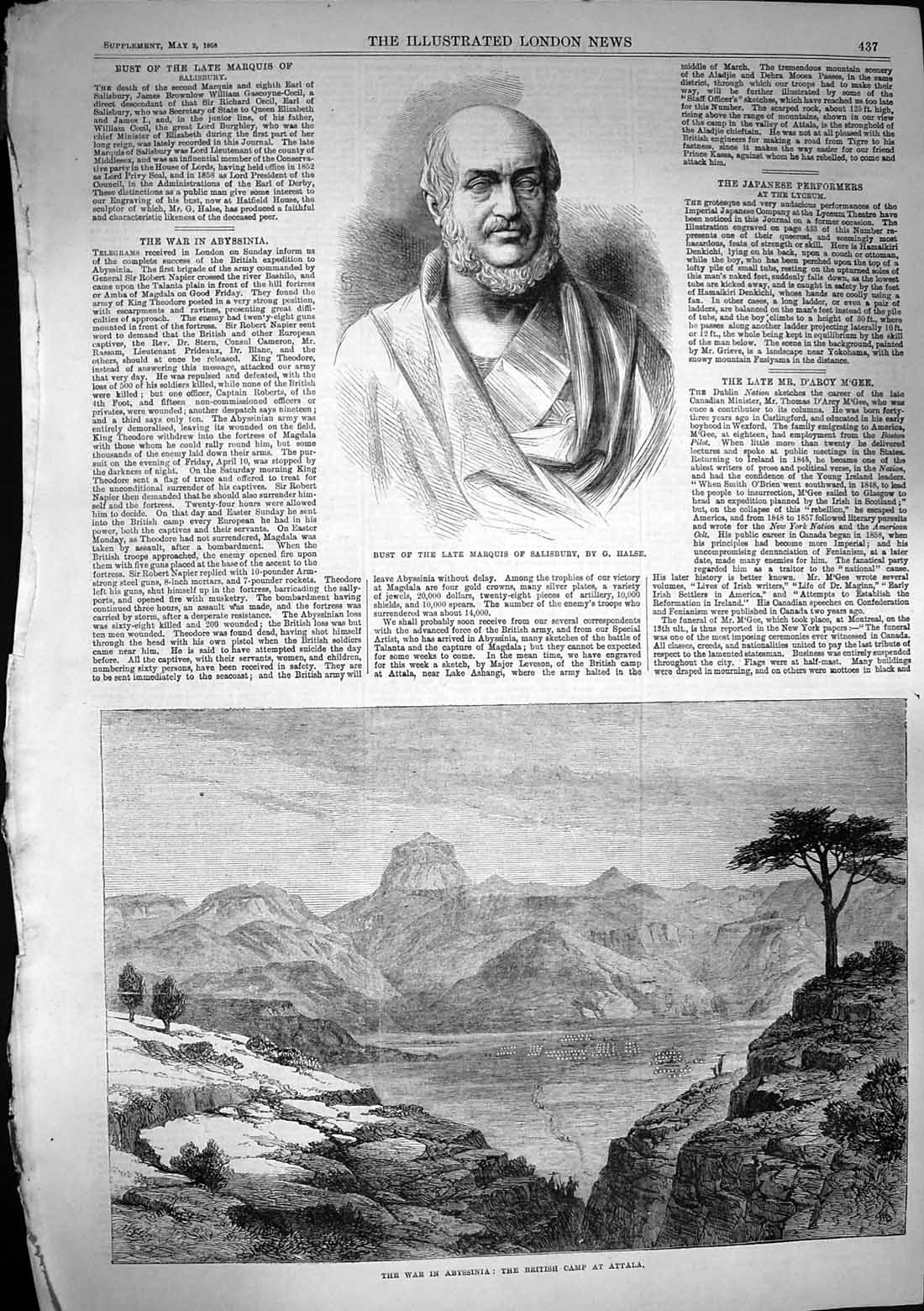 Original Old Antique Print 1868 Marquis Salisbury War Abyssinia British Attala