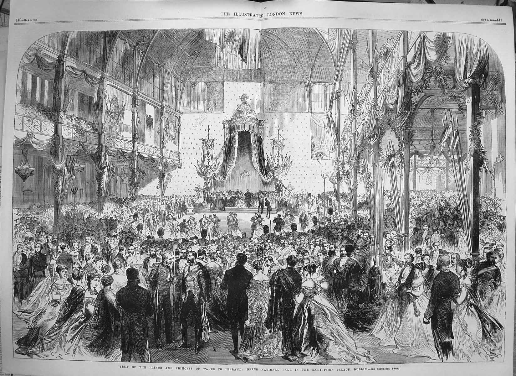 Old Antique Print 1868 Prince Wales Ireland National Ball Palace Dublin 19th