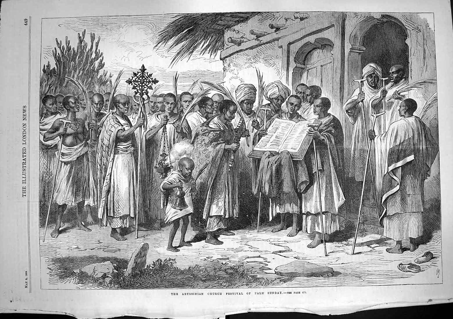 Original Old Antique Print 1868 Abyssinia Church Festival Palm Sunday Natives