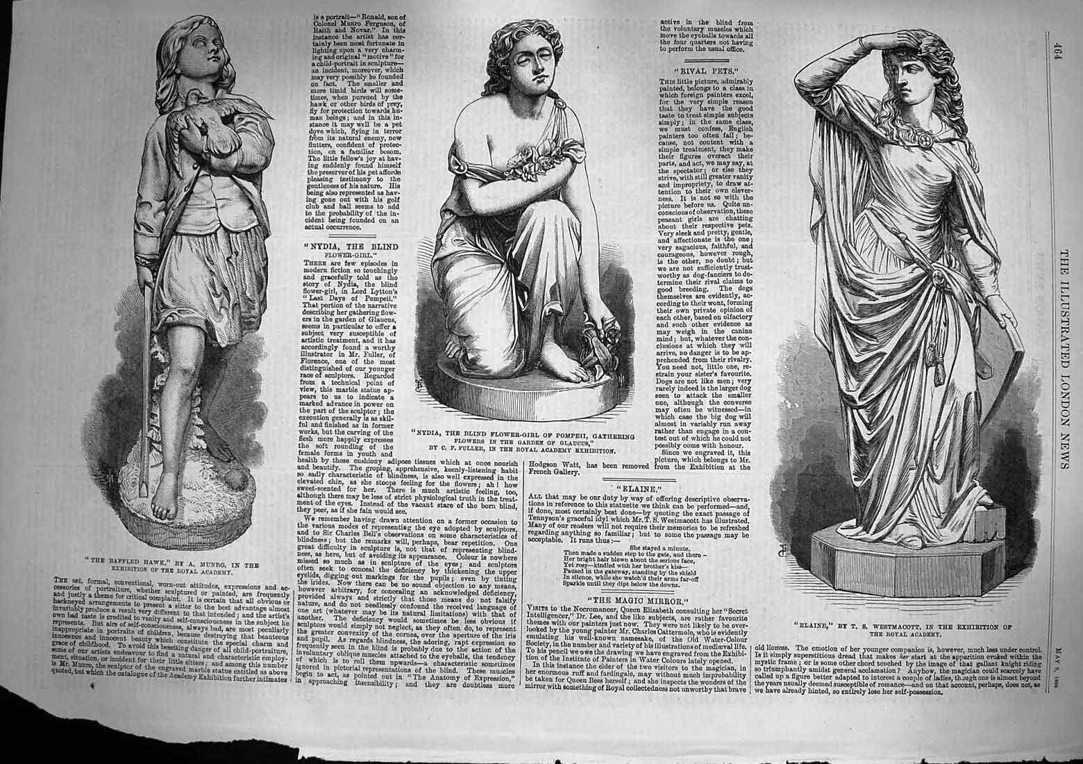 Original Old Antique Print 1868 Elaine Statue Nydia Baffled Hawk Munro Fuller
