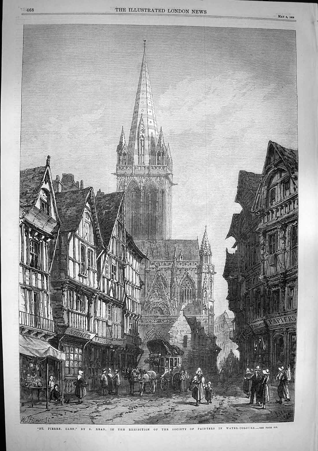 Old Antique Print 1868 St. Pierre Street Scene Caen France Read Fine Art 19th