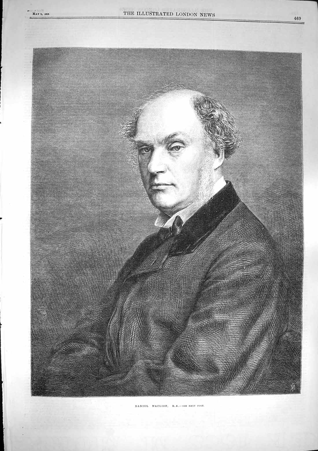 Original Old Antique Print 1868 Portrait Danile Maclise 19th Century