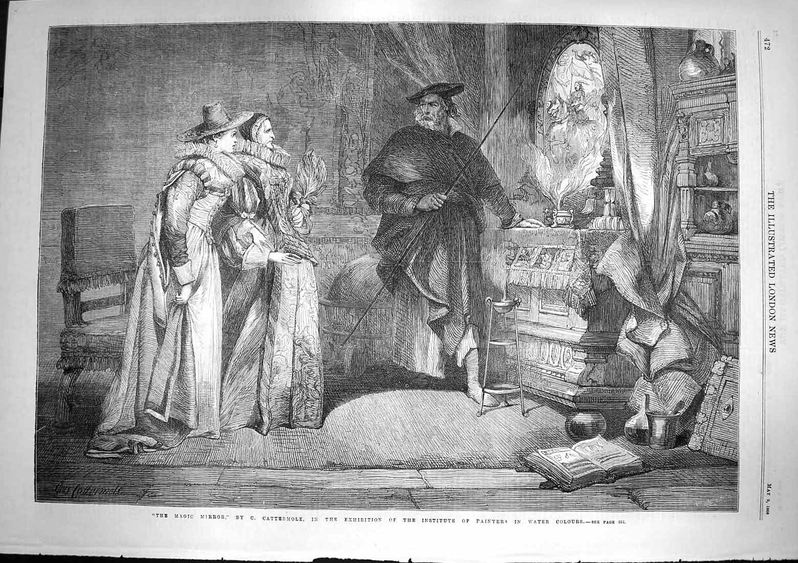 Original Old Antique Print 1868 Magic Mirror Ladies Cattermole 19th