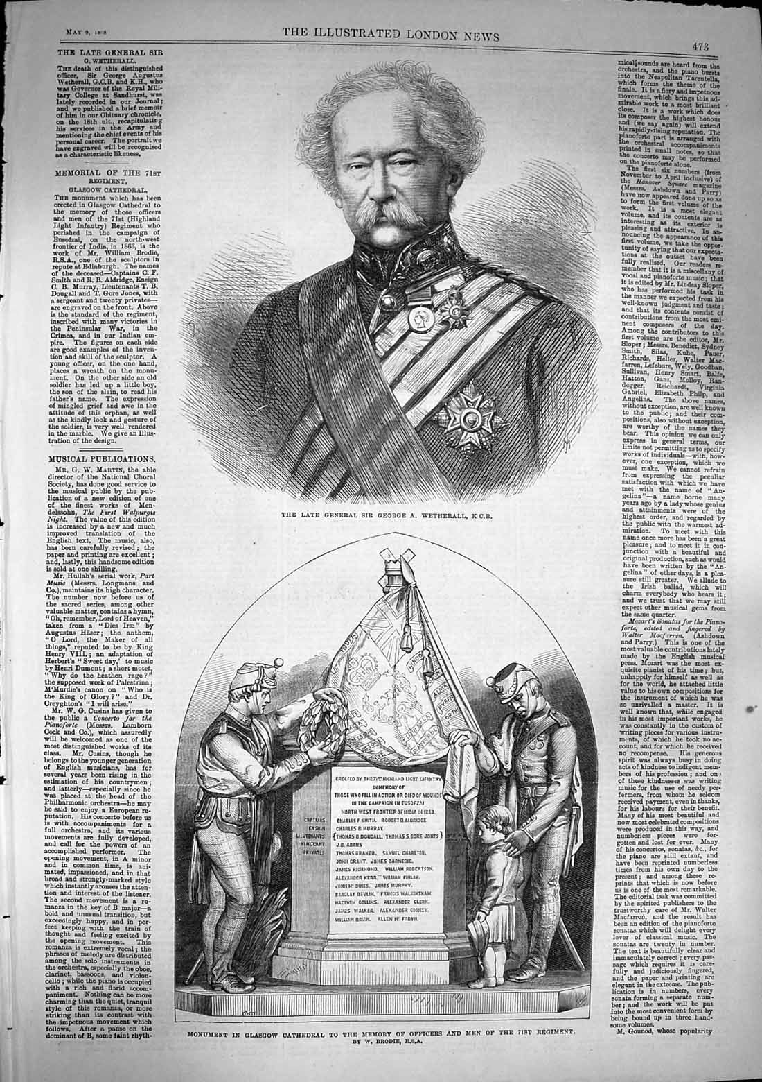 Original Old Antique Print 1868 General George Wetherall Monument Glasgow War
